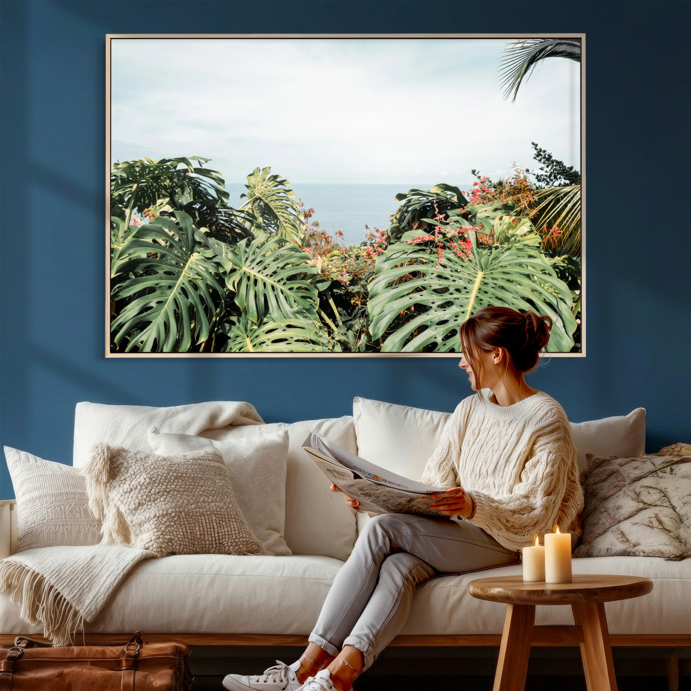45700479-MGV-CV-36X24 - Tropical Greenery Wall Art – Exotic Leaves & Ocean View Canvas Print, Sunlit Paradise and Vibrant Nature for Living Room or Coastal Decor