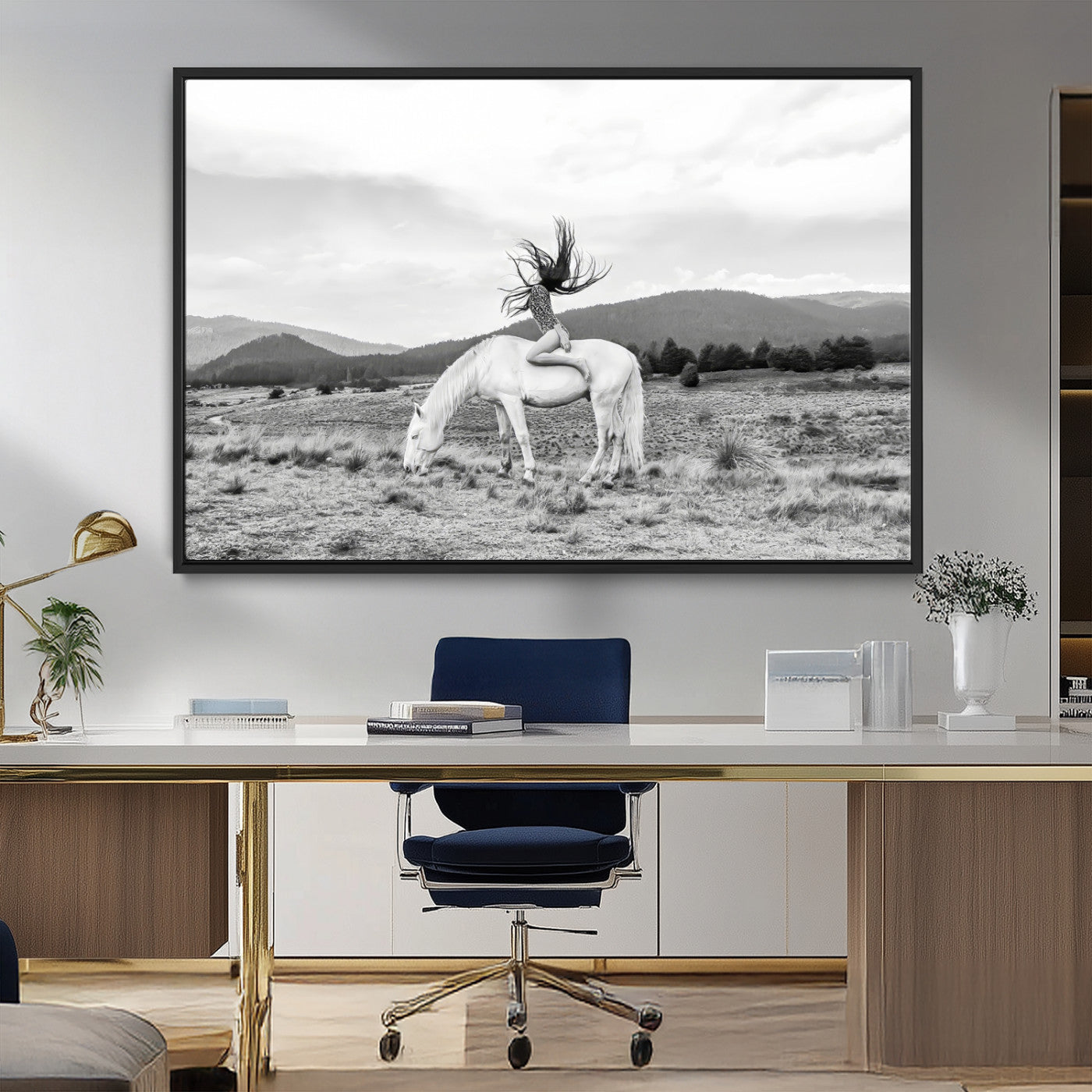 MGV-FC-36X24 - White Horse Wall Art Canvas Print, Framed Woman Rider Art Picture Print, Equestrian Pose Perfect Western Boho Decor Artwork