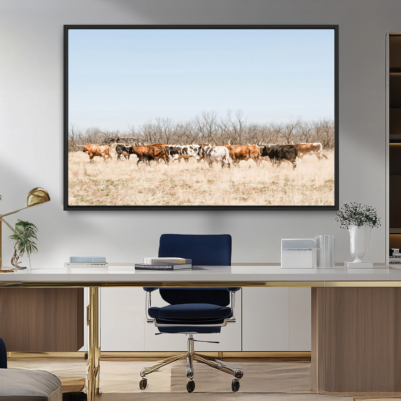 MGV-FC-36X24 - Texas Longhorns Wall Art Canvas Print, Framed Western Cattles Art Picture Print, Rustic Herd Perfect Rustic Farmhouse Decor Artwork