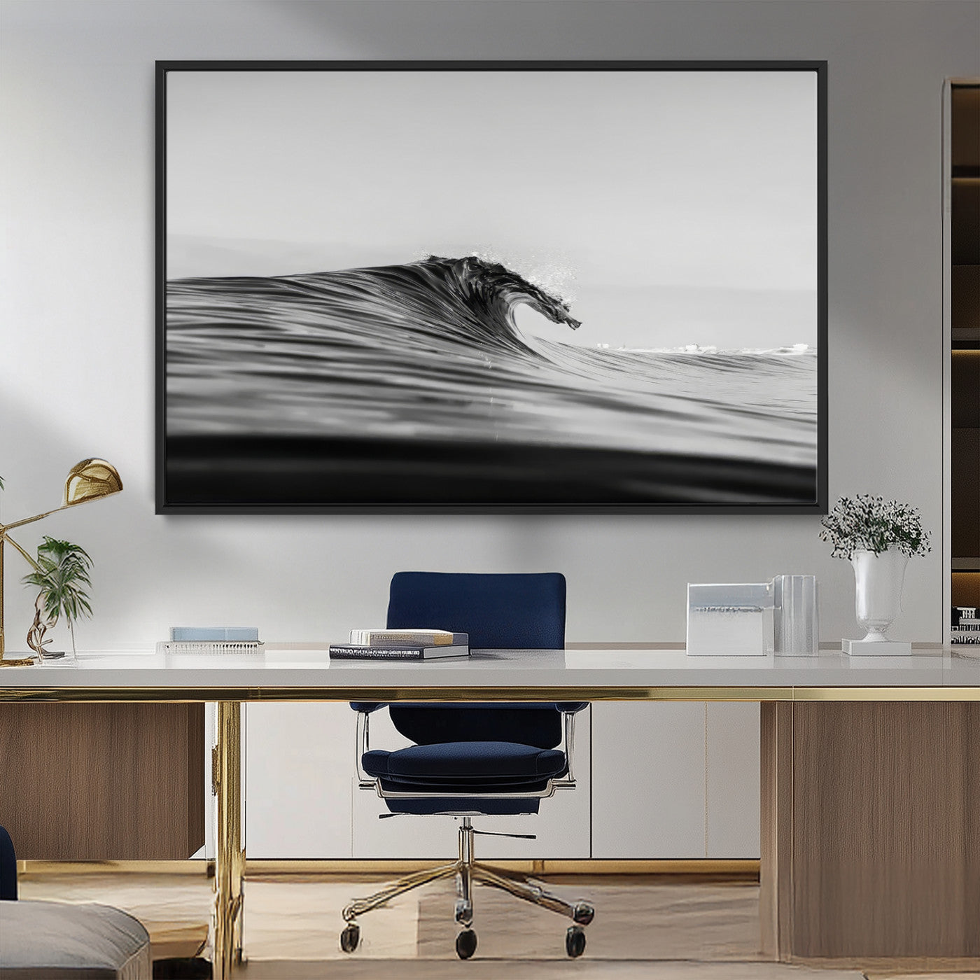 MGV-FC-36X24 - Black Wave Wall Art Canvas Print, Framed Abstract Surf Art Picture Print, Minimalist Ocean Perfect Minimalist Coastal Decor Artwork