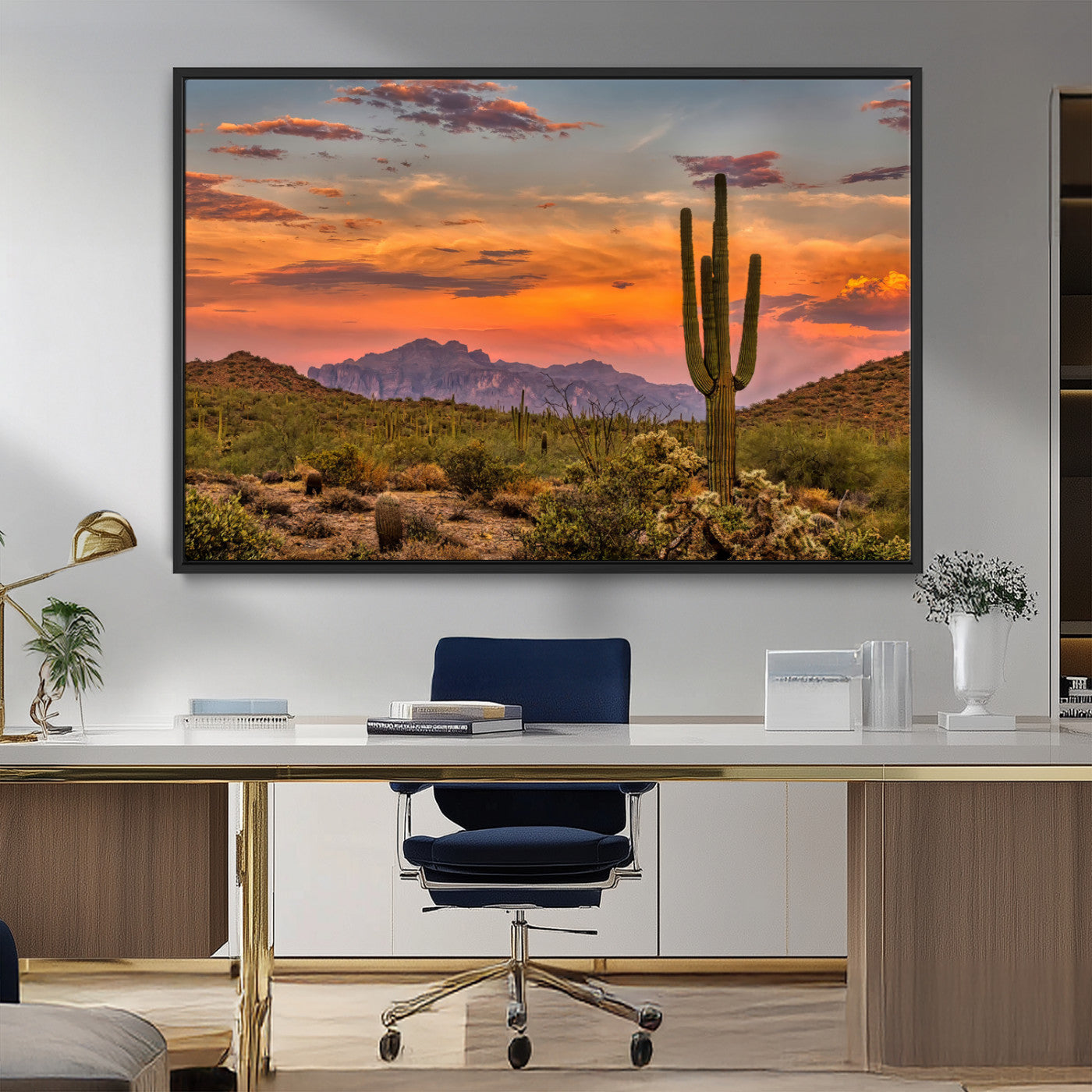 MGV-FC-36X24 - Saguaro Cactus Wall Art Canvas Print, Framed Arizona Sunset Art Picture Print, Sonoran Desert Perfect Southwestern Boho Decor Artwork