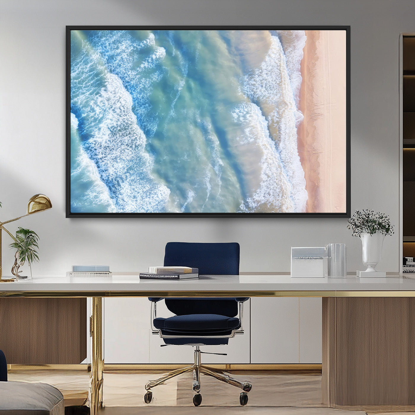 MGV-FC-36X24 - Aerial Ocean View Wall Art Canvas Print, Framed Soft Blue Waves Art Picture Print, Sandy Shoreline Perfect Modern Coastal Decor Artwork