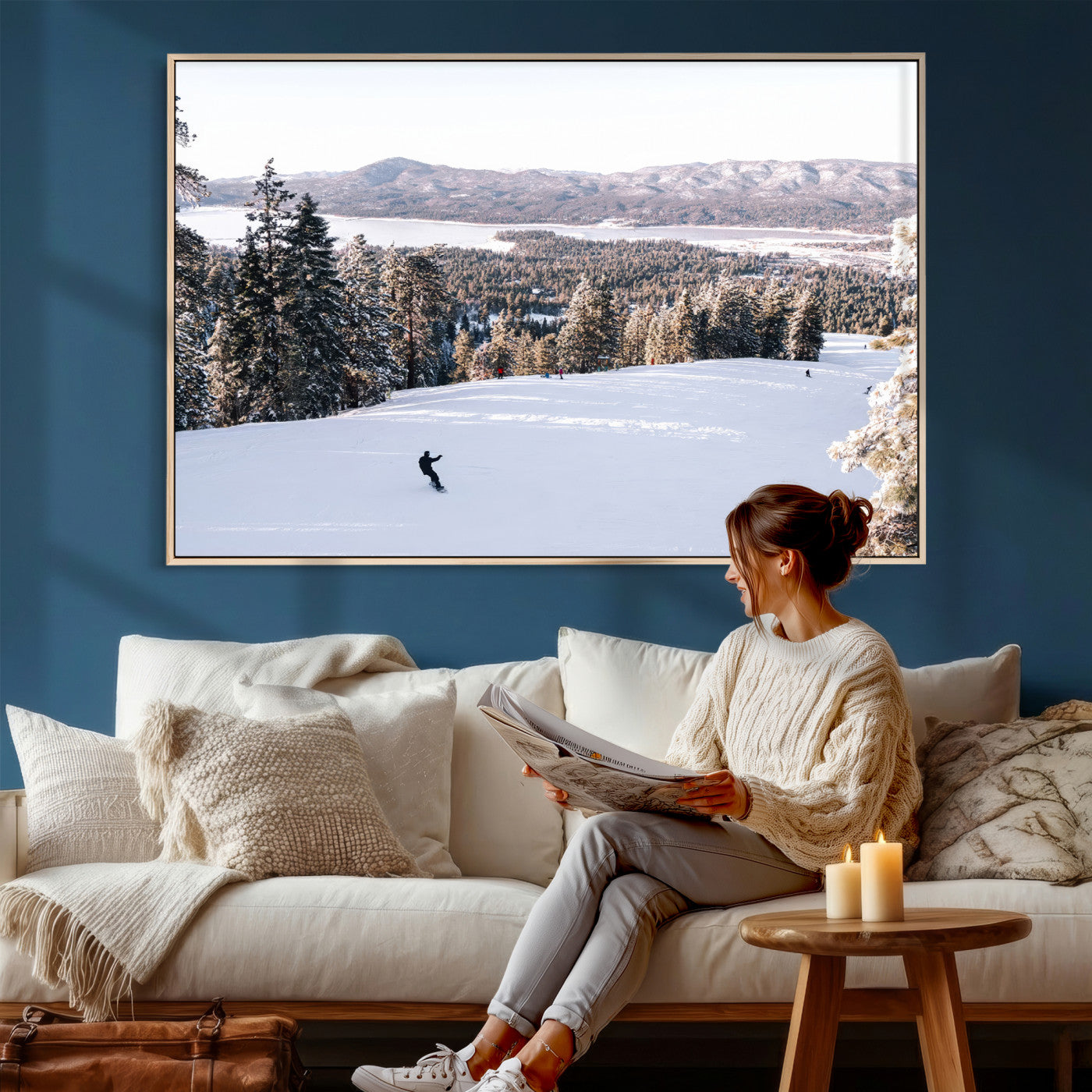 79857868-MGV-CV-36X24 - Snowboarder Wall Art – Winter Slope Canvas Print, Pine Forest, Snow-Covered Mountains, Outdoor Adventure for Living Room or Cabin Decor
