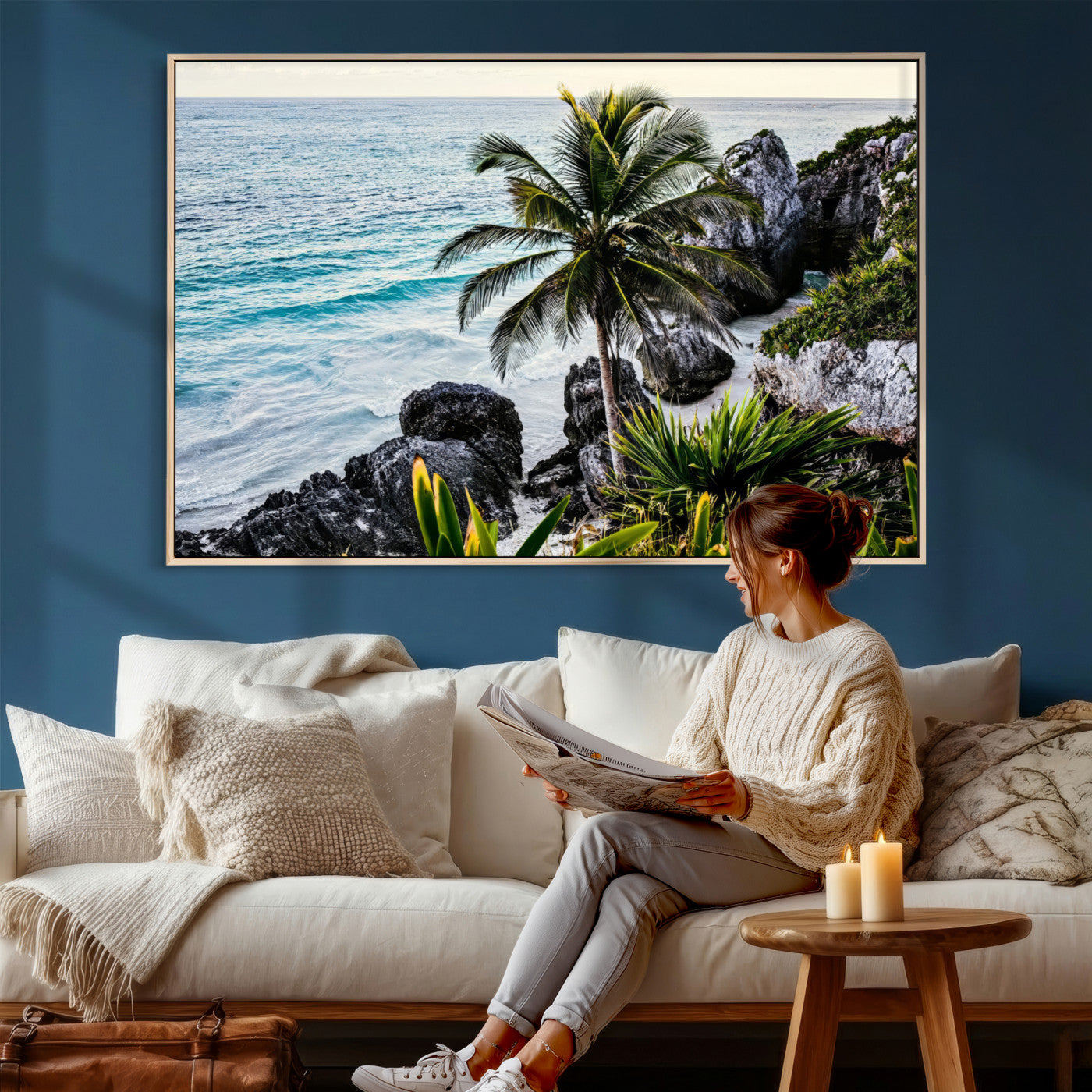 94669907-MGV-CV-36X24 - Tropical Palm Wall Art – Coastal Rocks Canvas Print, Ocean Breeze, Sandy Shore, Vibrant Green Foliage for Living Room or Beach House Decor