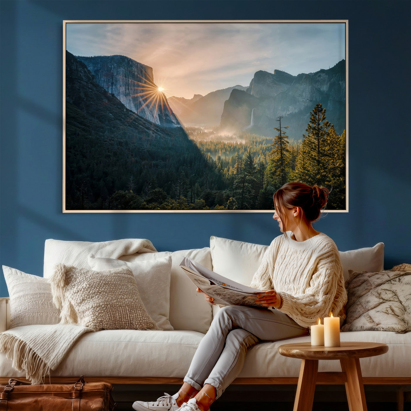51605481-MGV-CV-36X24 - Yosemite Valley Wall Art – Misty Forest Peaks Canvas Print, Radiant Light, Tranquil Nature Landscape for Living Room or Cabin Decor