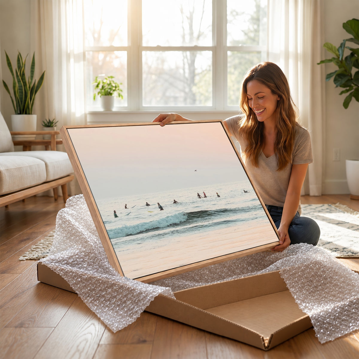 98888919-MGV-CV-24X16 - Pastel Ocean Wall Art Canvas Print, Framed Soft Sunset Calm Sea Coastal Art