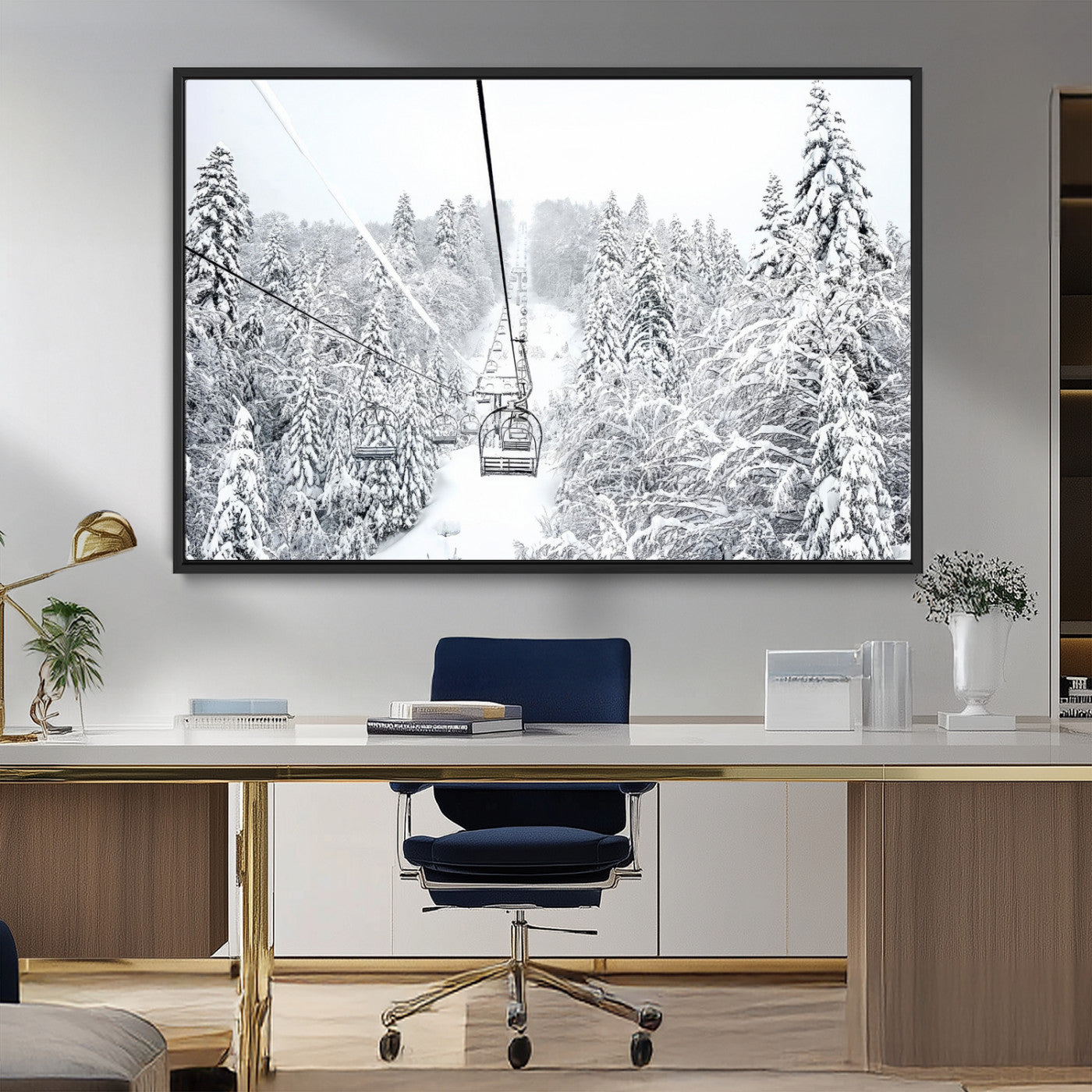 MGV-FC-36X24 - Winter Snow Ski Lift Wall Art Canvas Print Winter Trees Print