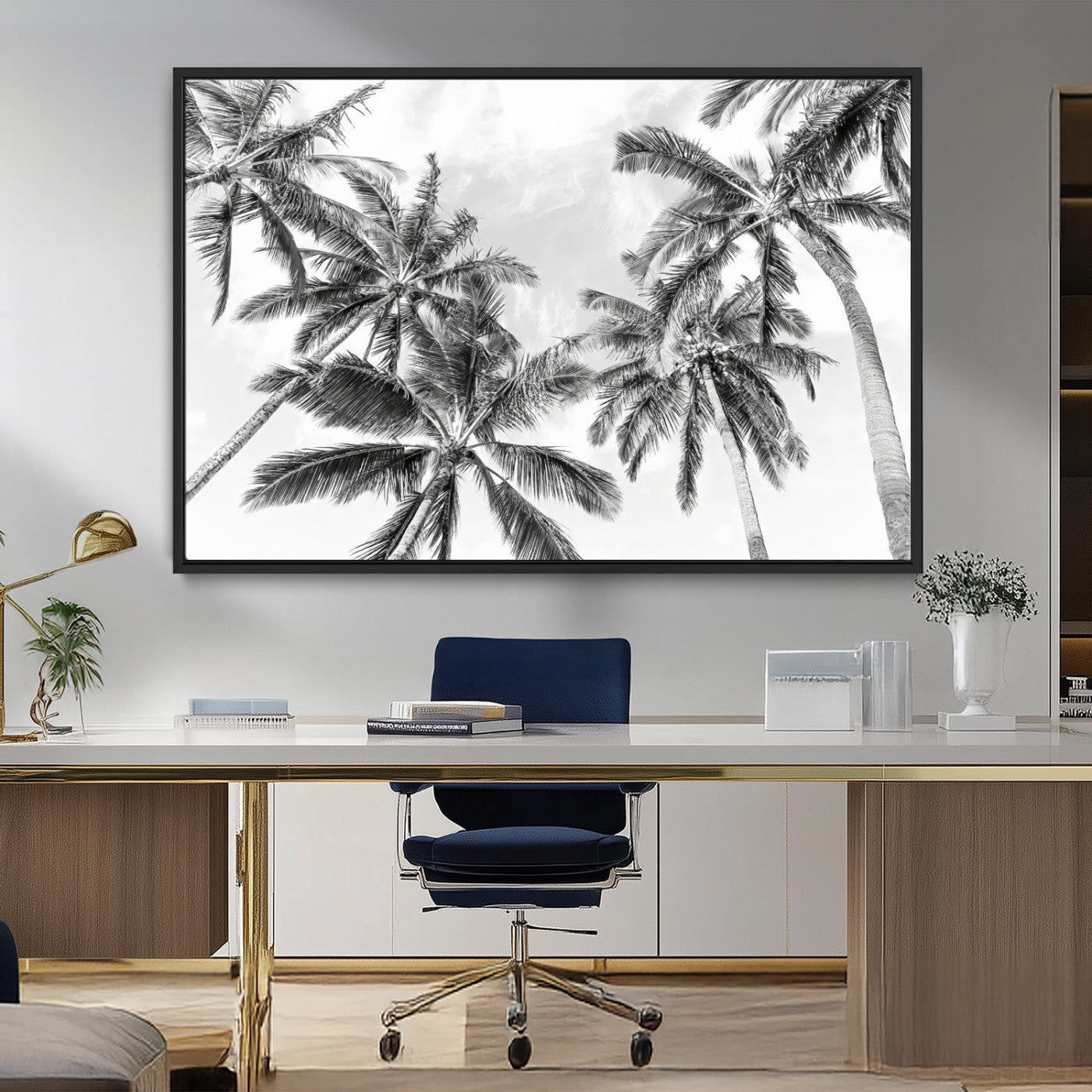 MGV-FC-36X24 - Black White Palm Wall Art Canvas Print, Framed Monochrome Tropics Art Picture Print, Minimalist Beach Perfect Coastal Minimalist Decor Artwork
