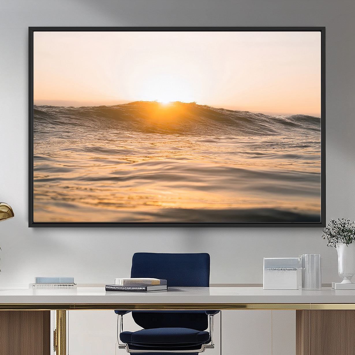 16973771-MGV-FC-36X24_Black-Calm Water Wall Art – Framed Sunset Waves Canvas Artwork, Coastal Warm Design, Minimal Ocean Decor for Home, Office