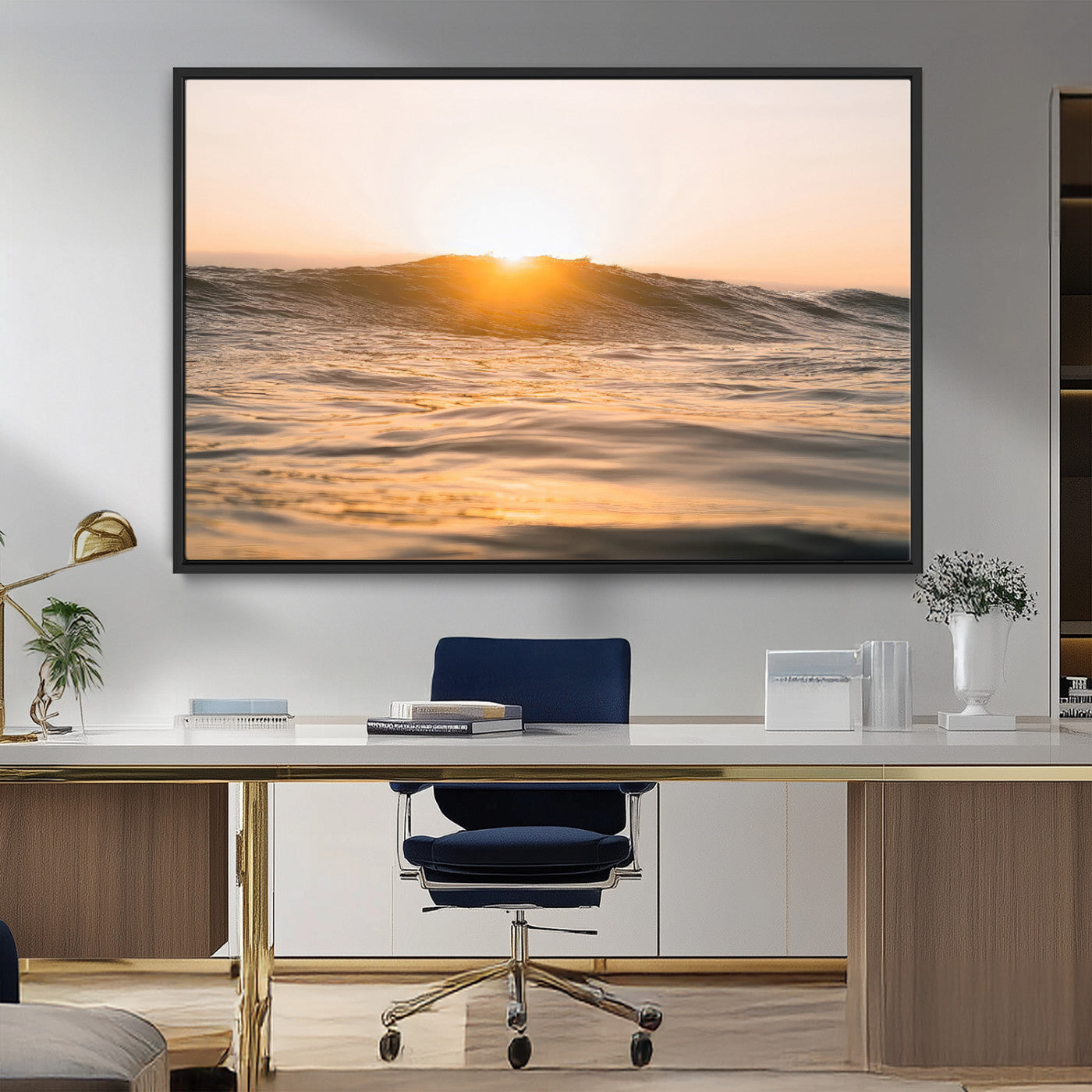 MGV-FC-36X24 - Calm Water Wall Art Canvas Print, Framed Sunset Waves Art Picture Print, Coastal Warmth Perfect Warm Minimalist Decor Artwork