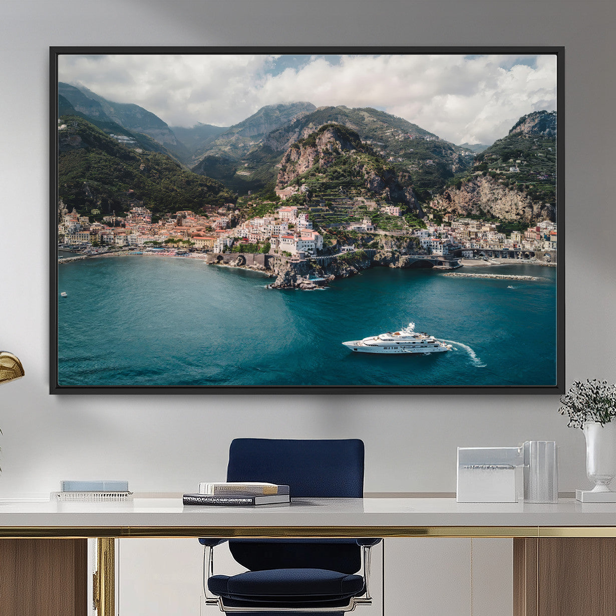 20321590-MGV-FC-36X24_Black-Amalfi Coast Wall Art – Framed Italian Seaside Canvas Artwork, Mediterranean Landscape Design, Coastal Decor for Home, Office