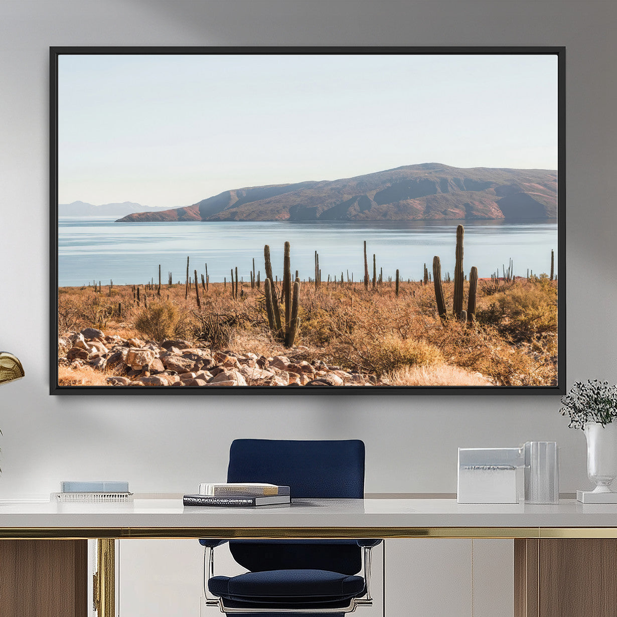 MGV-FC-36X24 - Desert Cactus Wall Art Canvas Print, Framed Baja Coastline Art Picture Print, Coastal Desert Perfect Southwestern Minimalist Decor Artwork