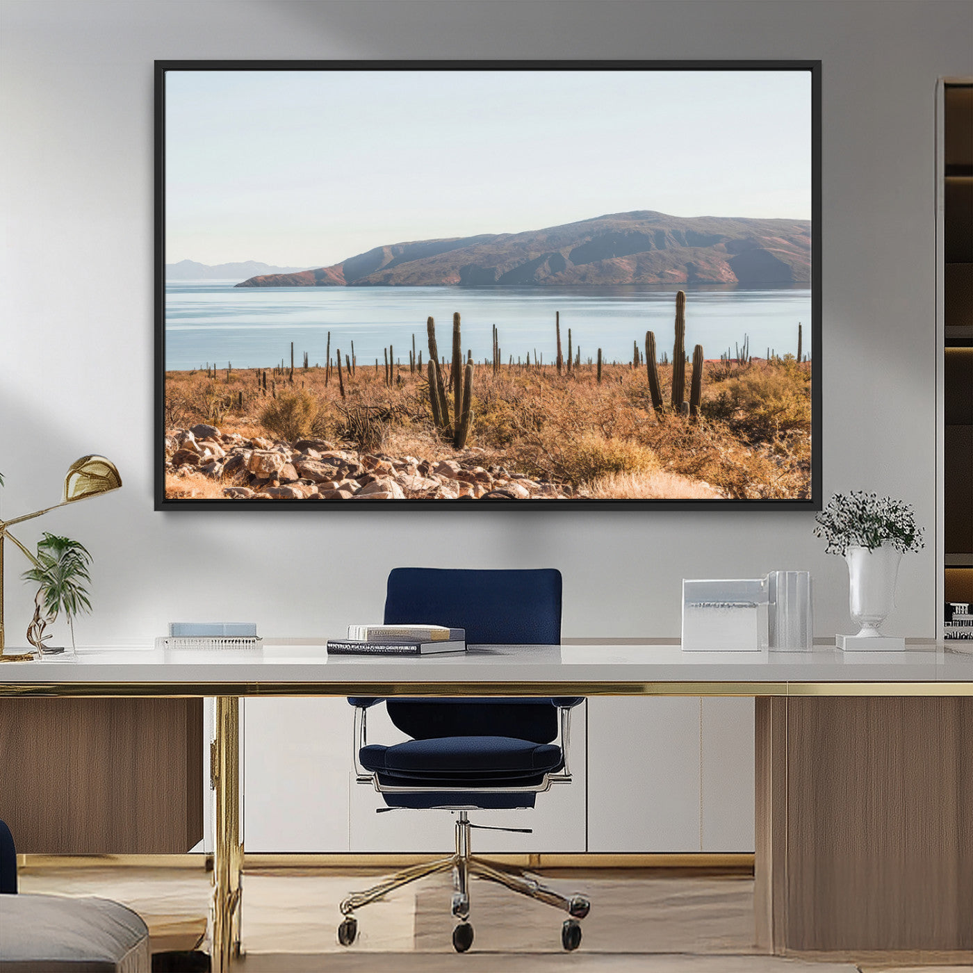 MGV-FC-36X24 - Desert Cactus Wall Art Canvas Print, Framed Baja Coastline Art Picture Print, Coastal Desert Perfect Southwestern Minimalist Decor Artwork