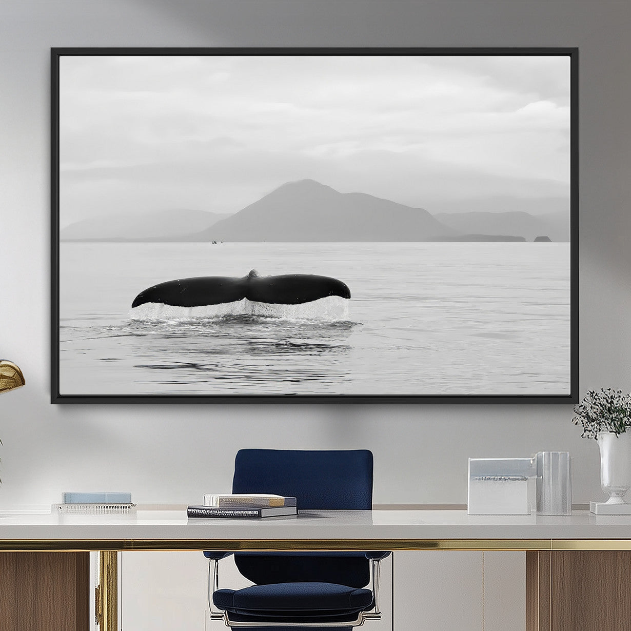 MGV-FC-36X24 - Whale Tail Wall Art Canvas Print, Framed Black White Ocean Art Picture Print, Calm Marine Perfect Minimalist Coastal Decor Artwork