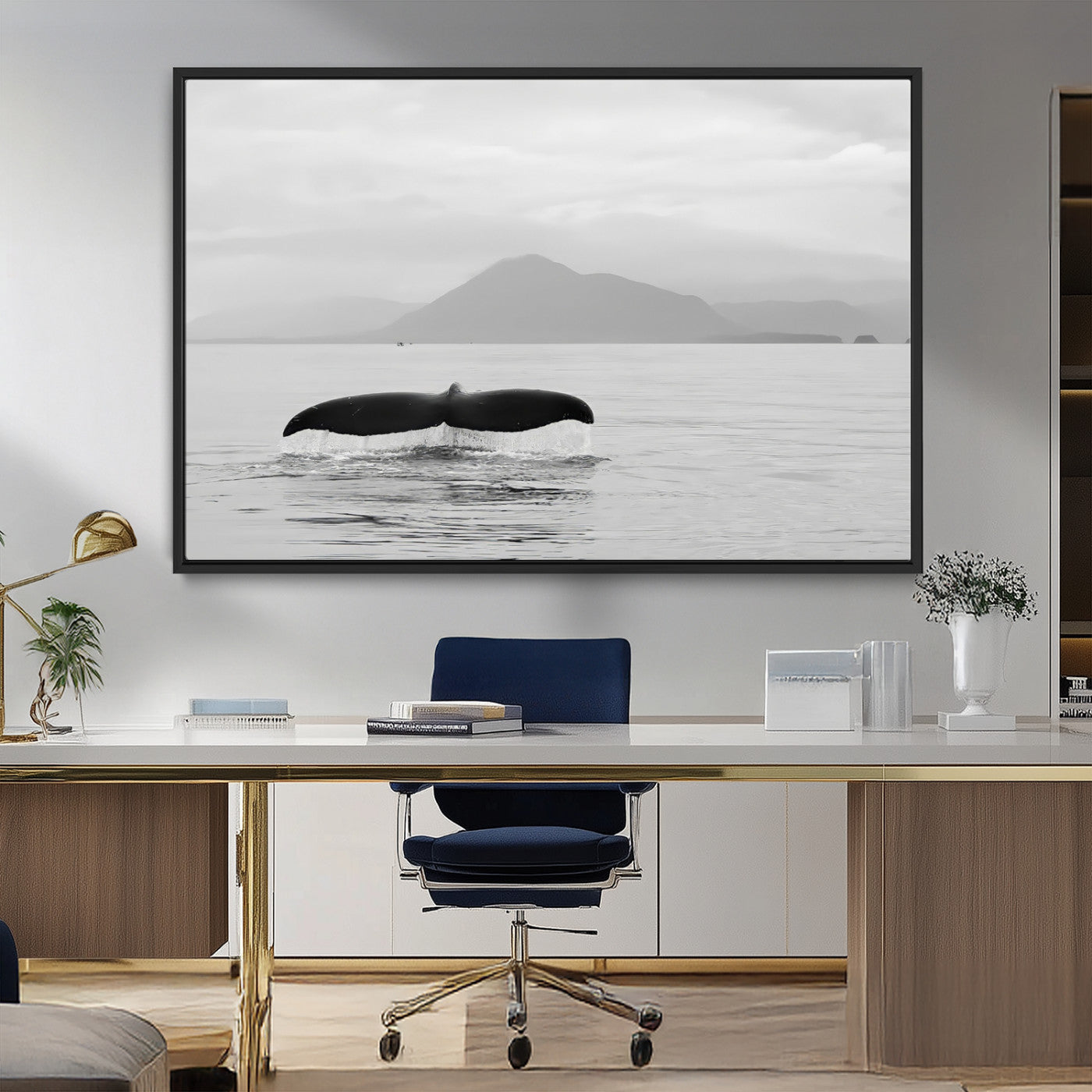 MGV-FC-36X24 - Whale Tail Wall Art Canvas Print, Framed Black White Ocean Art Picture Print, Calm Marine Perfect Minimalist Coastal Decor Artwork
