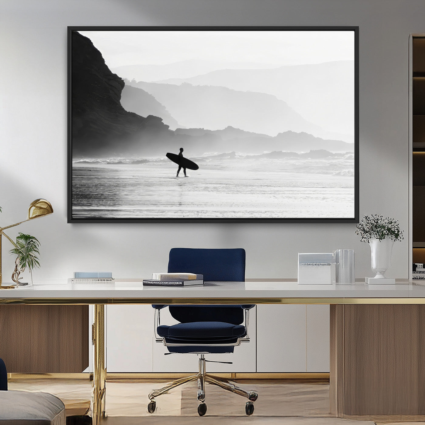 MGV-FC-36X24 - Surfer In Fog Wall Art Canvas Print, Framed Moody Shoreline Art Picture Print, Cliffside Waves Perfect Minimalist Coastal Decor Artwork
