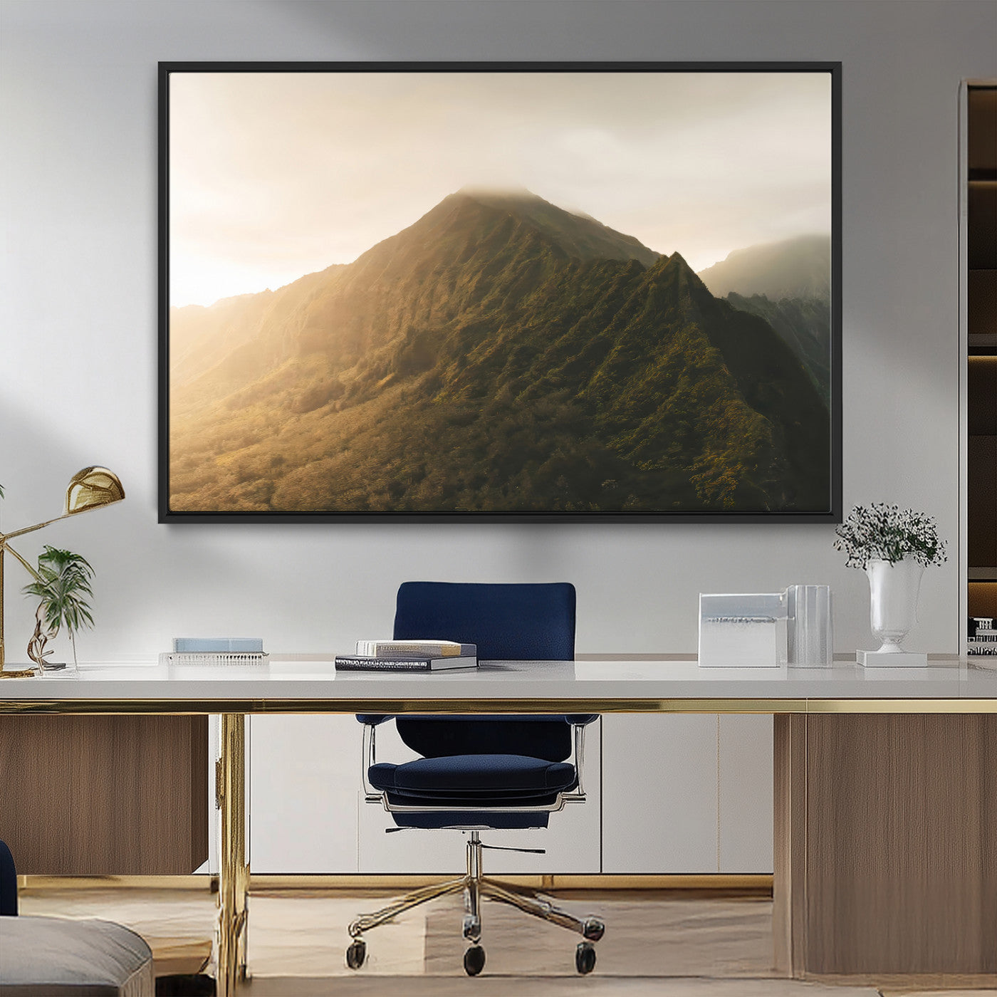 MGV-FC-36X24 - Golden Mountain Wall Art Canvas Print, Framed Misty Summit Art Picture Print, Rugged Landscape Perfect Moody Wilderness Decor Artwork