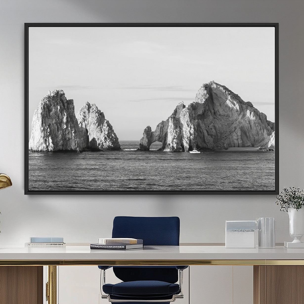 MGV-FC-36X24 - Rugged Coastline Wall Art Canvas Print, Framed Ocean Cliffs Art Picture Print, Monochrome Seascape Perfect Coastal Minimalist Decor Artwork