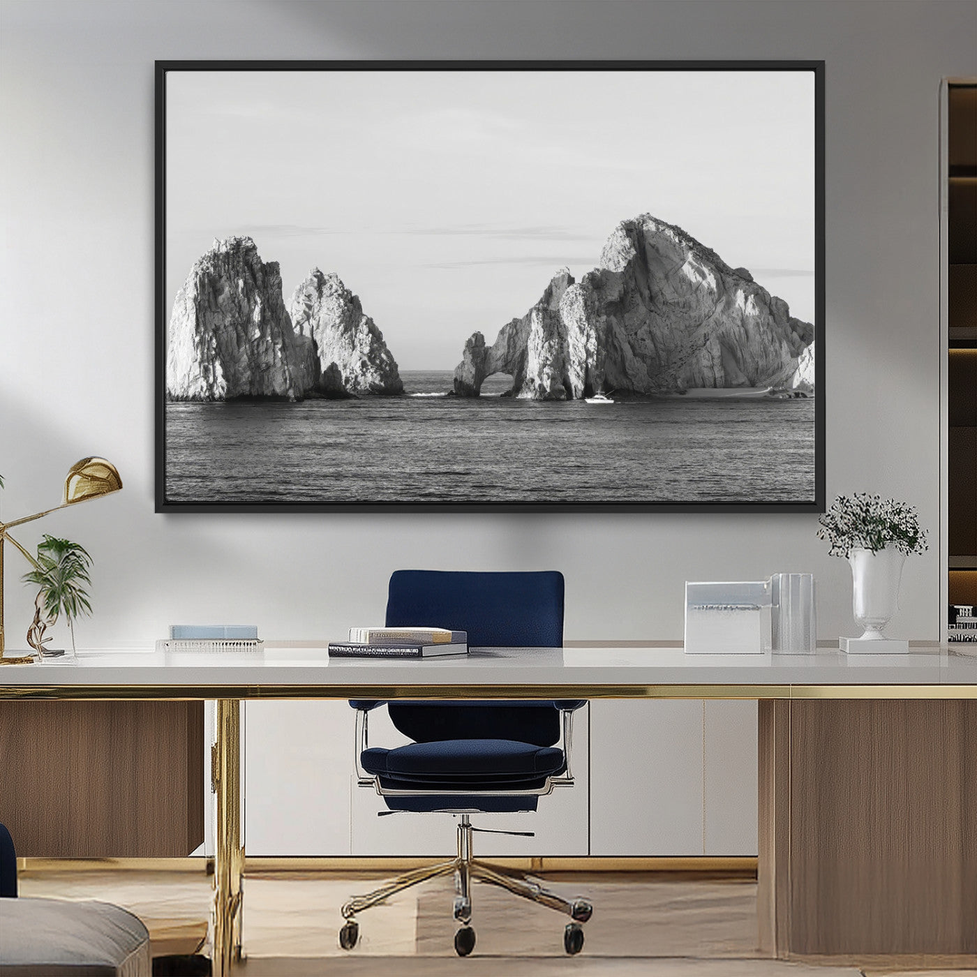 MGV-FC-36X24 - Rugged Coastline Wall Art Canvas Print, Framed Ocean Cliffs Art Picture Print, Monochrome Seascape Perfect Coastal Minimalist Decor Artwork