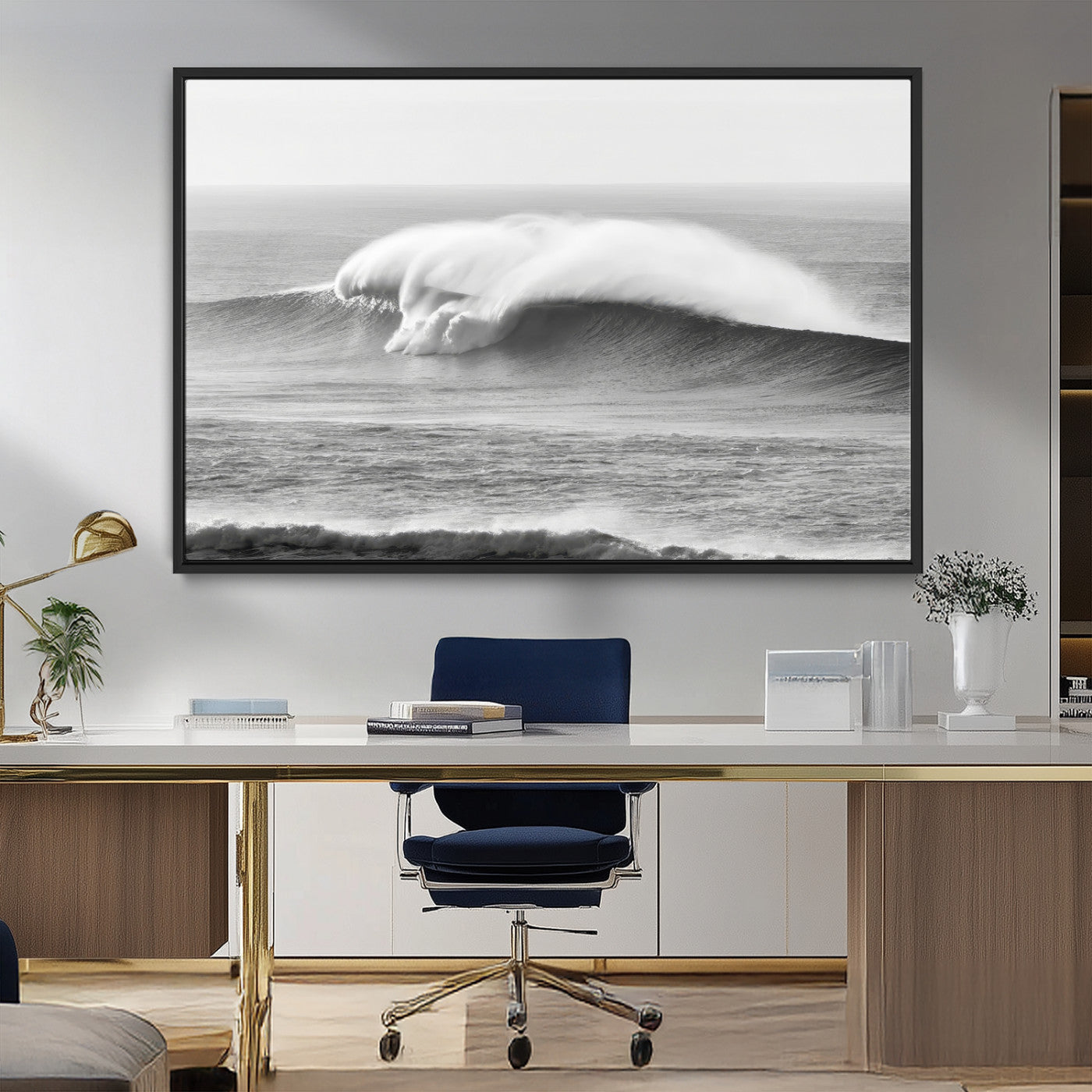 MGV-FC-36X24 - Monochrome Seascape Wall Art Canvas Print, Framed Surf Wave Art Picture Print, Minimalist Ocean Perfect Moody Coastal Decor Artwork