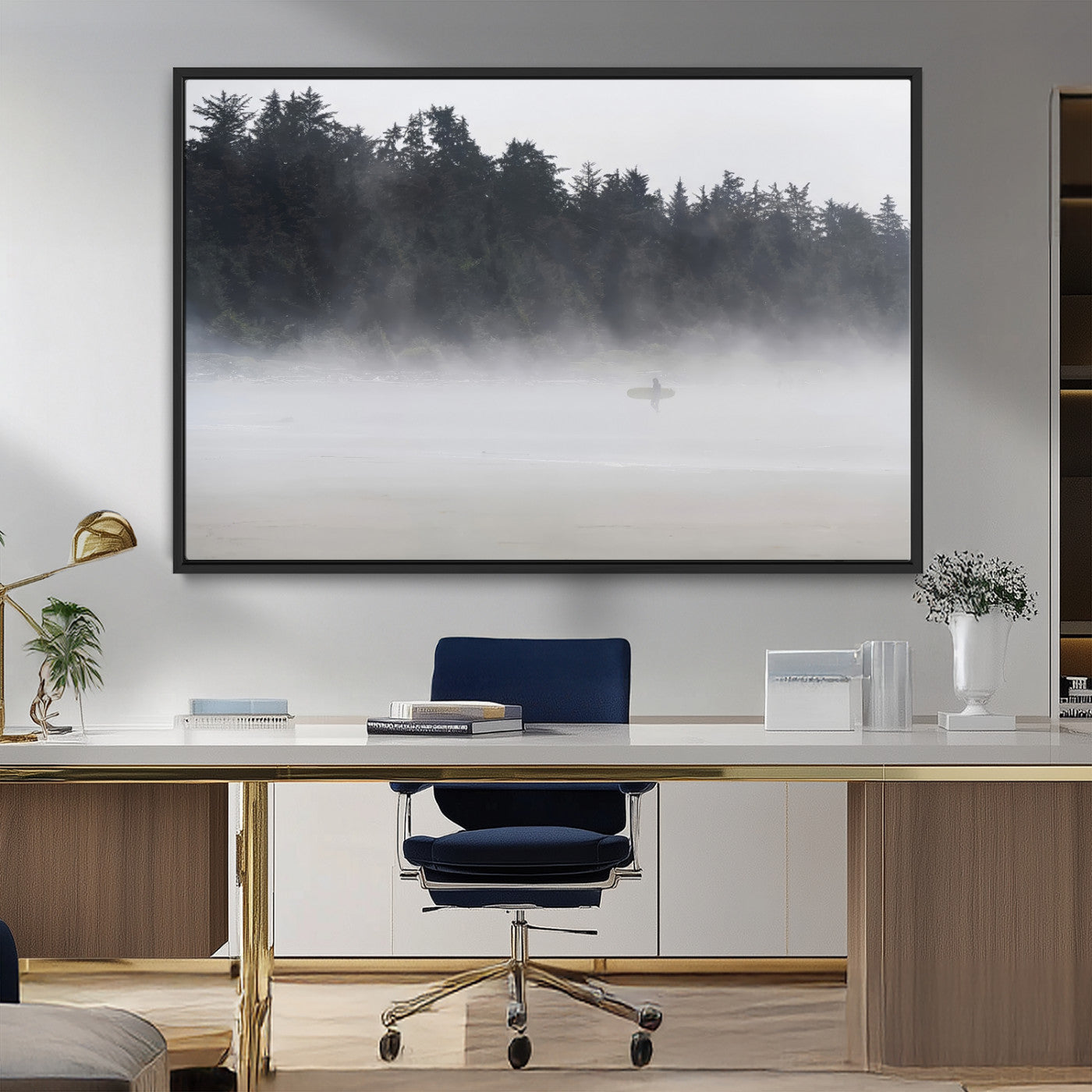 MGV-FC-36X24 - Surfer in Fog Wall Art Canvas Print, Framed Foggy Beach Art Picture Print, Coastal Surf Perfect Moody Coastal Decor Artwork