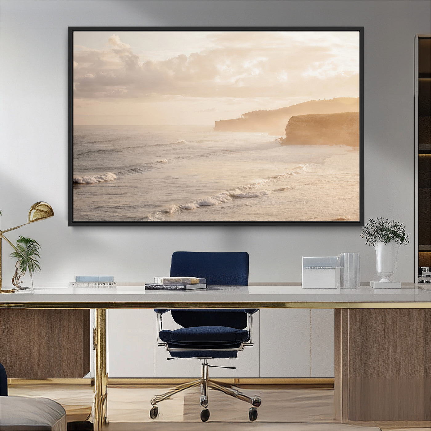MGV-FC-36X24 - Misty Coastal Wall Art Canvas Print, Framed Golden Sunset Art Picture Print, Serene Shoreline Perfect Tranquil Coastal Decor Artwork