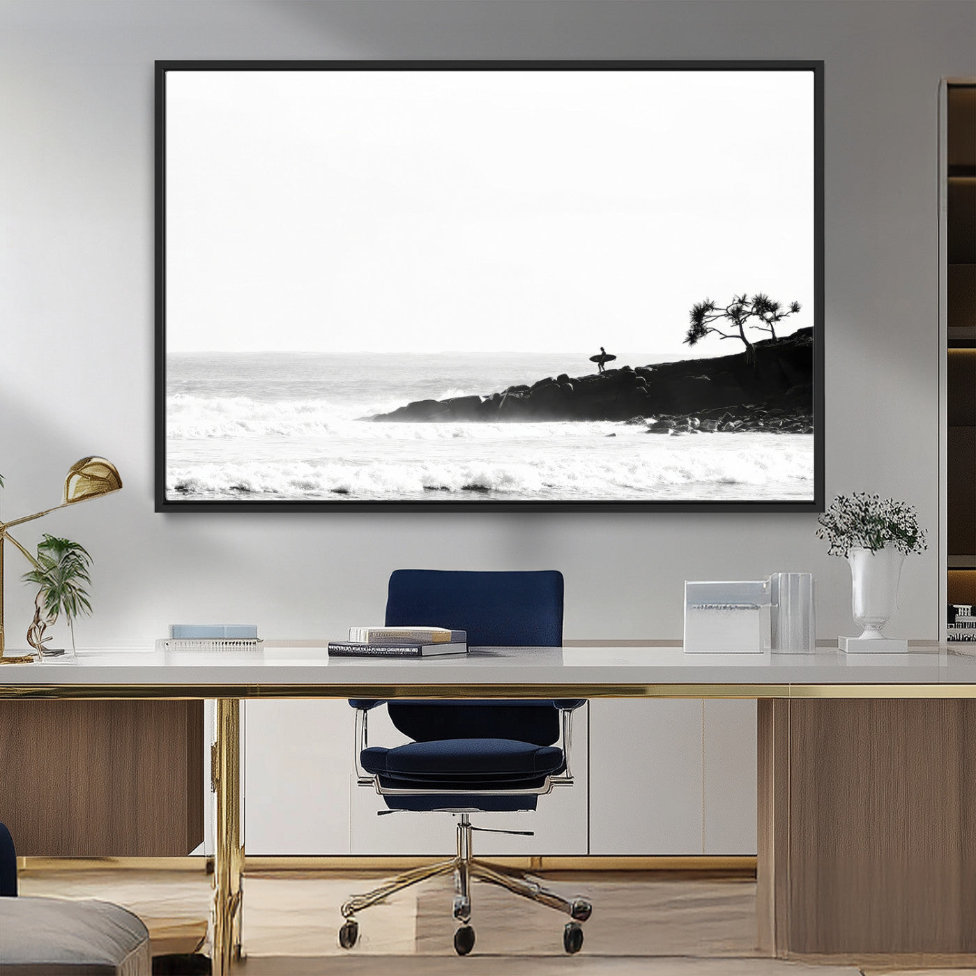 MGV-FC-36X24 - SurferCliffs Wall Art Canvas Print, Framed Black White Beach Art Picture Print, Ocean Waves Perfect Minimalist Coastal Decor Artwork