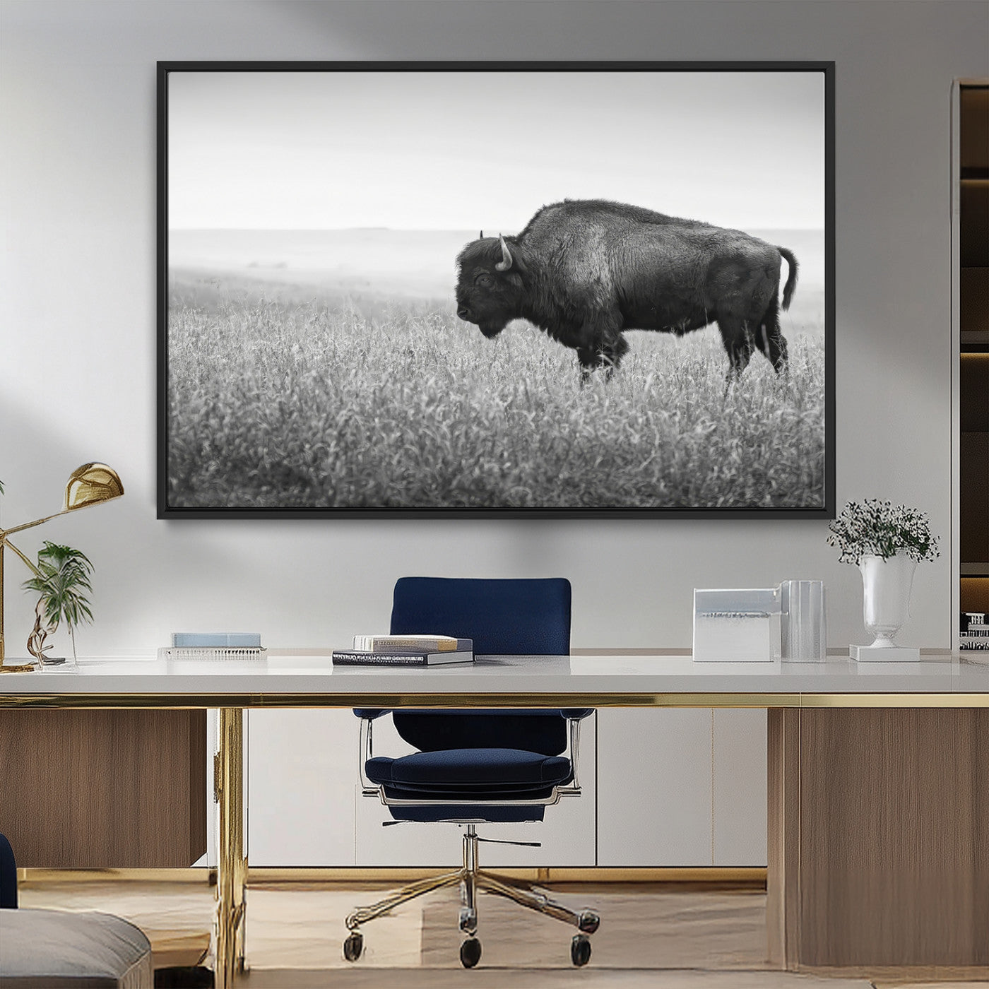 MGV-FC-36X24 - Bison In Prairie Wall Art Canvas Print, Framed Rustic Wildlife Art Picture Print, Wild Buffalo Perfect Rustic Western Decor Artwork