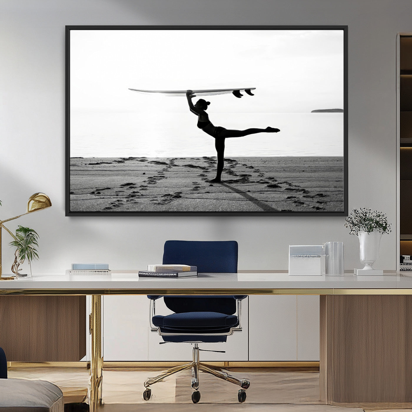 MGV-FC-36X24 - Yoga Surf Wall Art Canvas Print, Framed Black White Shore Art Picture Print, Peaceful Ocean Perfect Minimalist Coastal Decor Artwork