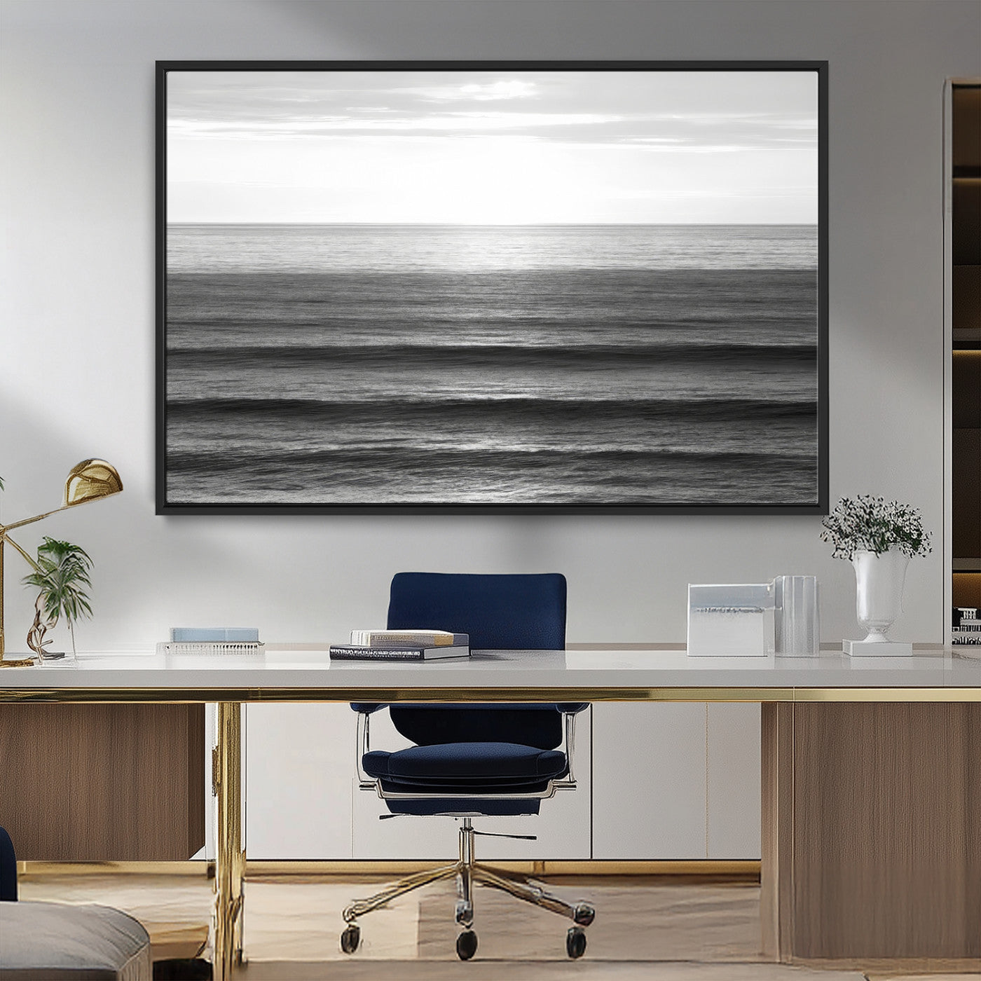 MGV-FC-36X24 - Monochrome Ocean Wall Art Canvas Print, Framed Moody Ocean Art Picture Print, Calm Ocean Perfect Minimalist Coastal Decor Artwork