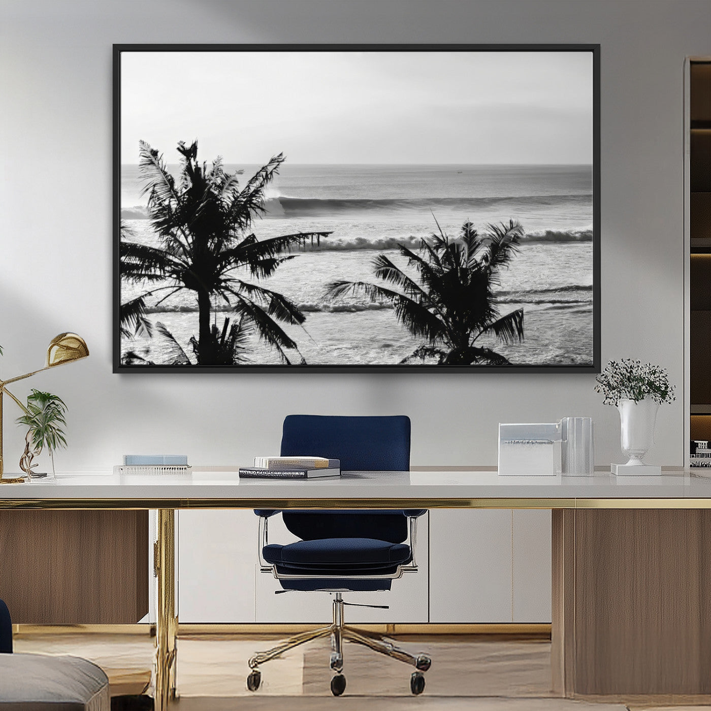 MGV-FC-36X24 - Tropical Coastline Wall Art Canvas Print, Framed Palm Trees Art Picture Print, Ocean Waves Perfect Minimalist Coastal Decor Artwork