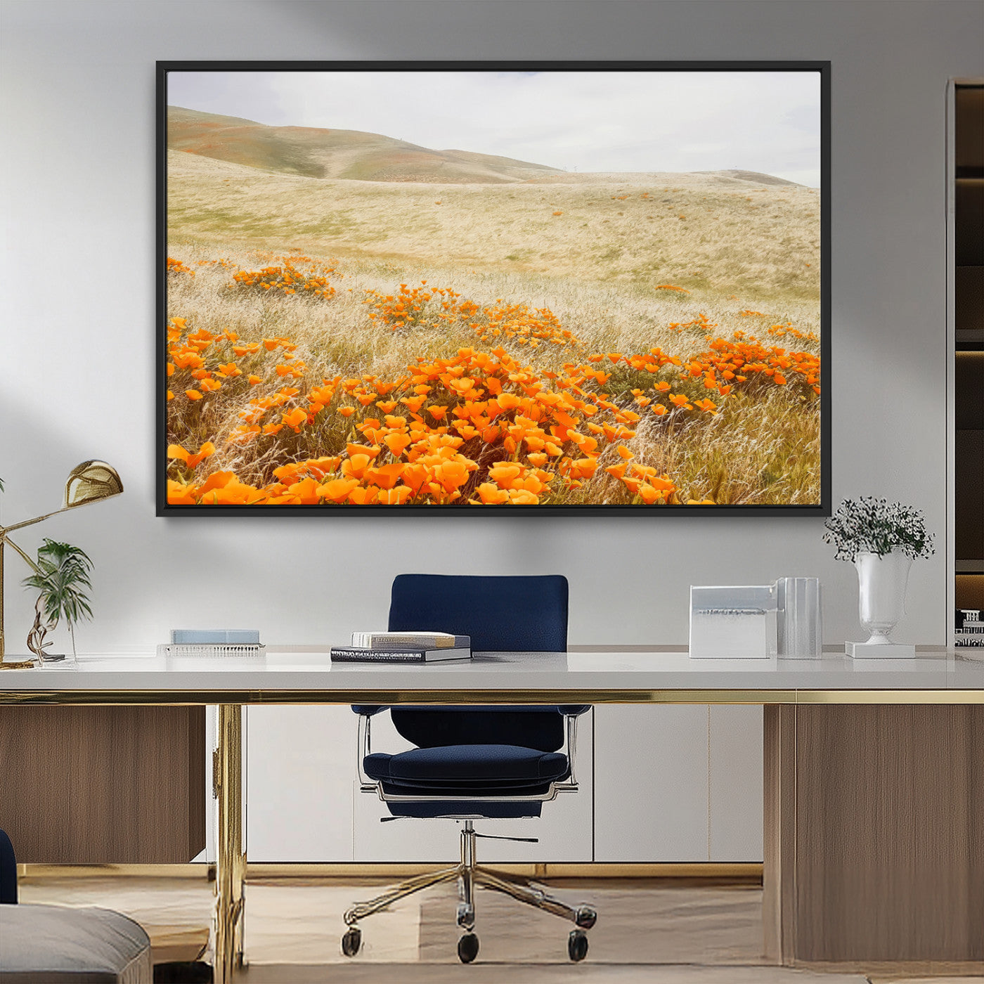 MGV-FC-36X24 - Golden Wildflowers Wall Art Canvas Print, Framed Hills Bloom Art Picture Print, Poppy Meadow Perfect Rustic Nature Decor Artwork