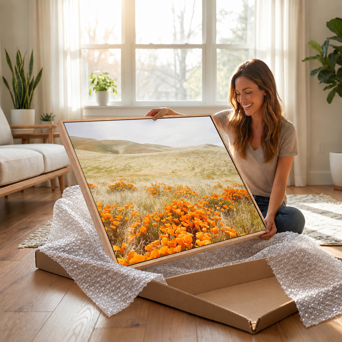 28972262-_Poster-30x20 - Golden Wildflowers Wall Art Canvas Print, Framed Hills and Poppy Meadow Scene