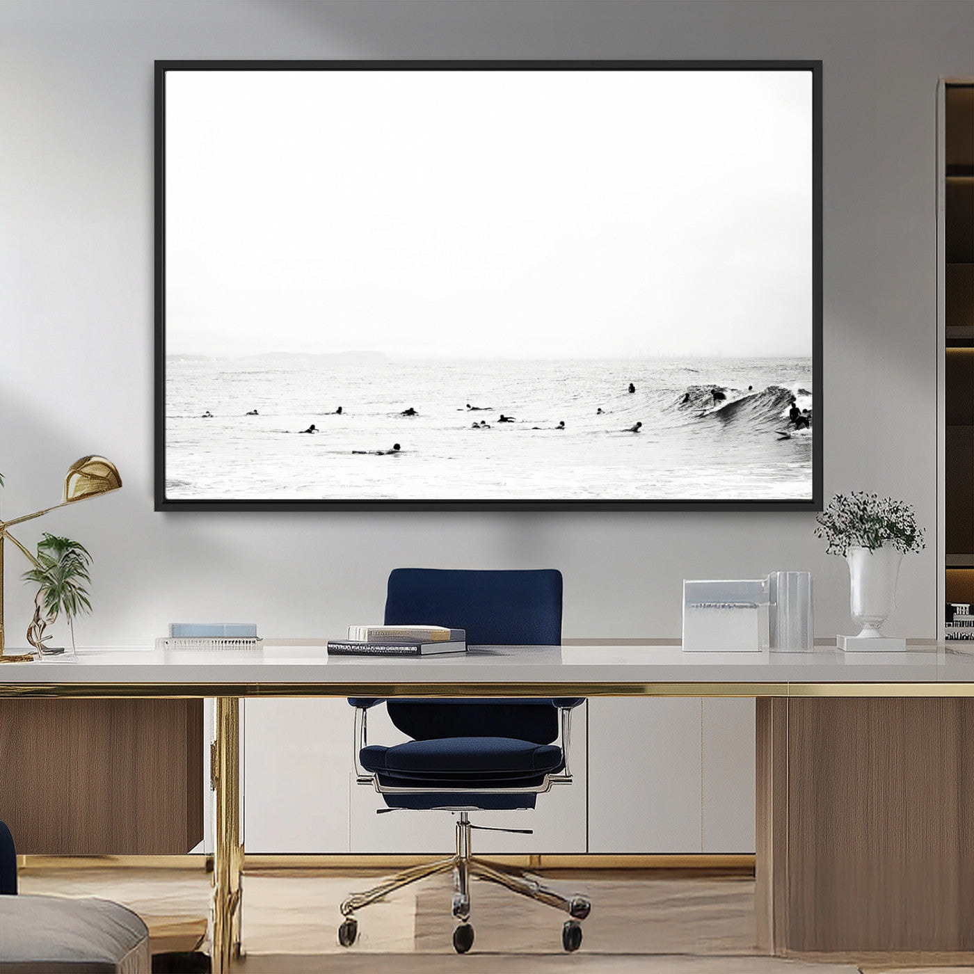 MGV-FC-36X24 - Monochrome Swimming Wall Art Canvas Print, Framed Ocean Horizon Art Picture Print, Moody Coastal Perfect Minimalist Coastal Decor Artwork