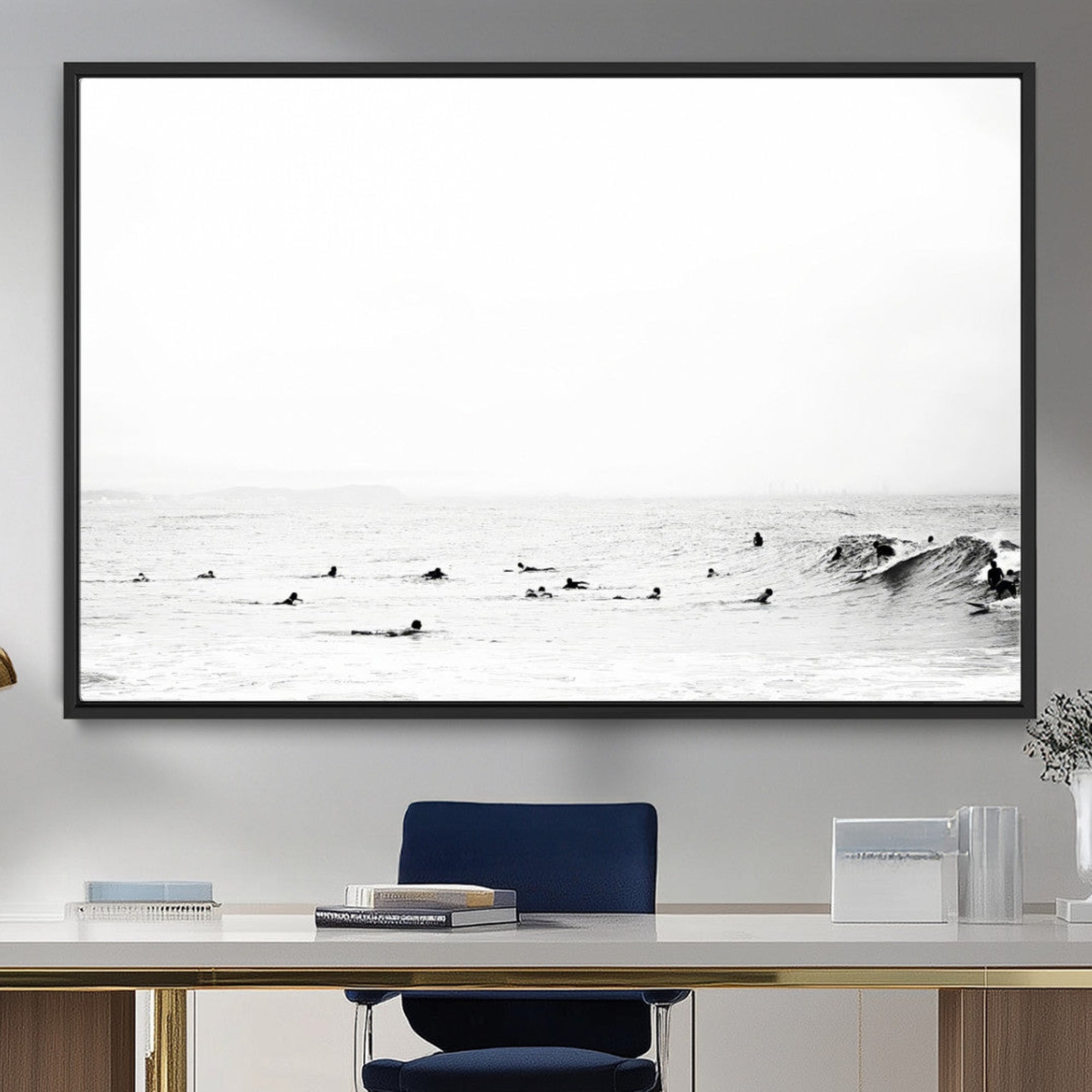 38441169-MGV-FC-36X24_Black-Monochrome Swimming Wall Art Canvas Print – Framed Ocean Horizon Scene with Moody Coastal Artwork for Home, Office