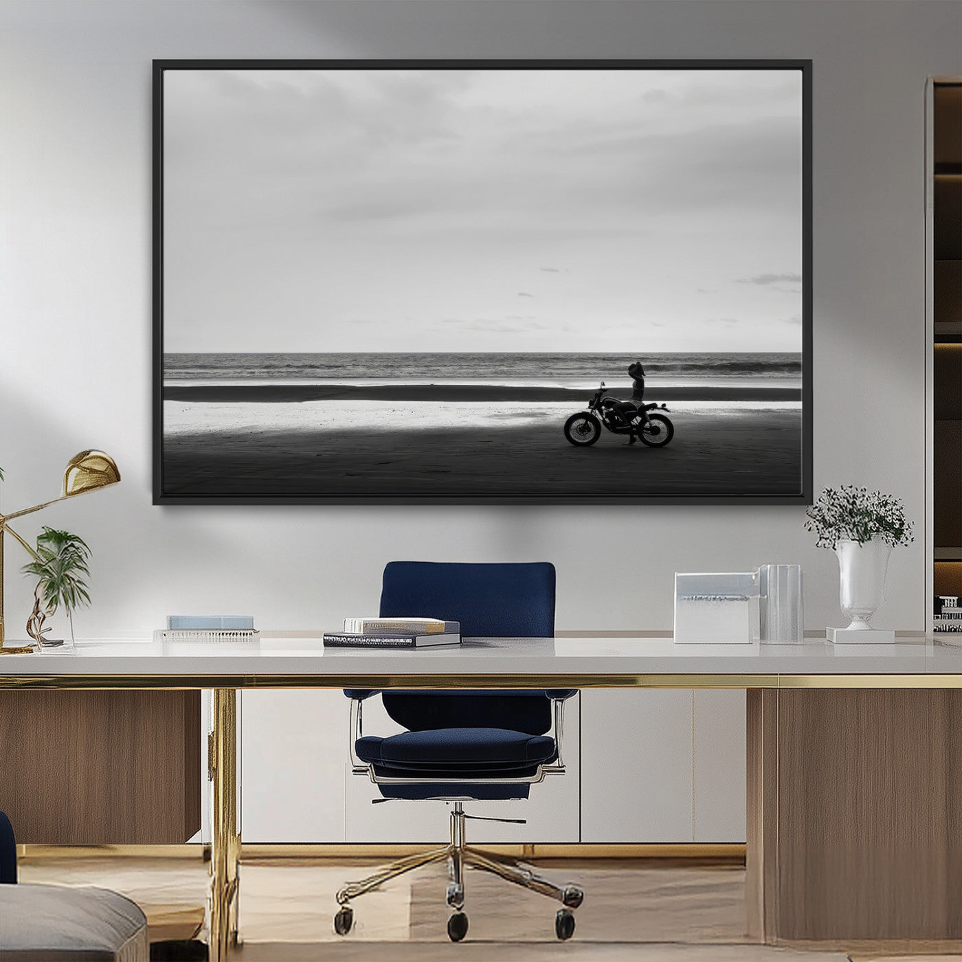 MGV-FC-36X24 - Motorcycle Beach Wall Art Canvas Print, Framed Vintage Motorcycle Art Picture Print, Biker Silhouette Perfect Minimalist Adventure Decor Artwork