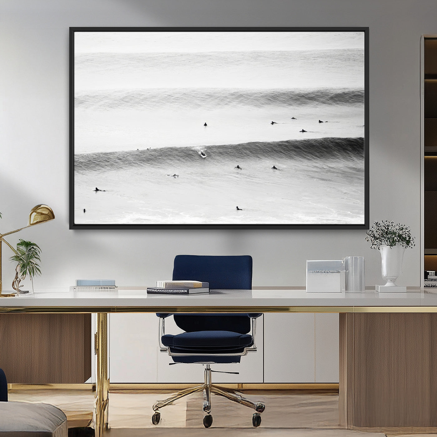 MGV-FC-36X24 - Black White Ocean Wall Art Canvas Print, Framed Coastal Sport Art Picture Print, Ocean Culture Perfect Minimalist Coastal Decor Artwork