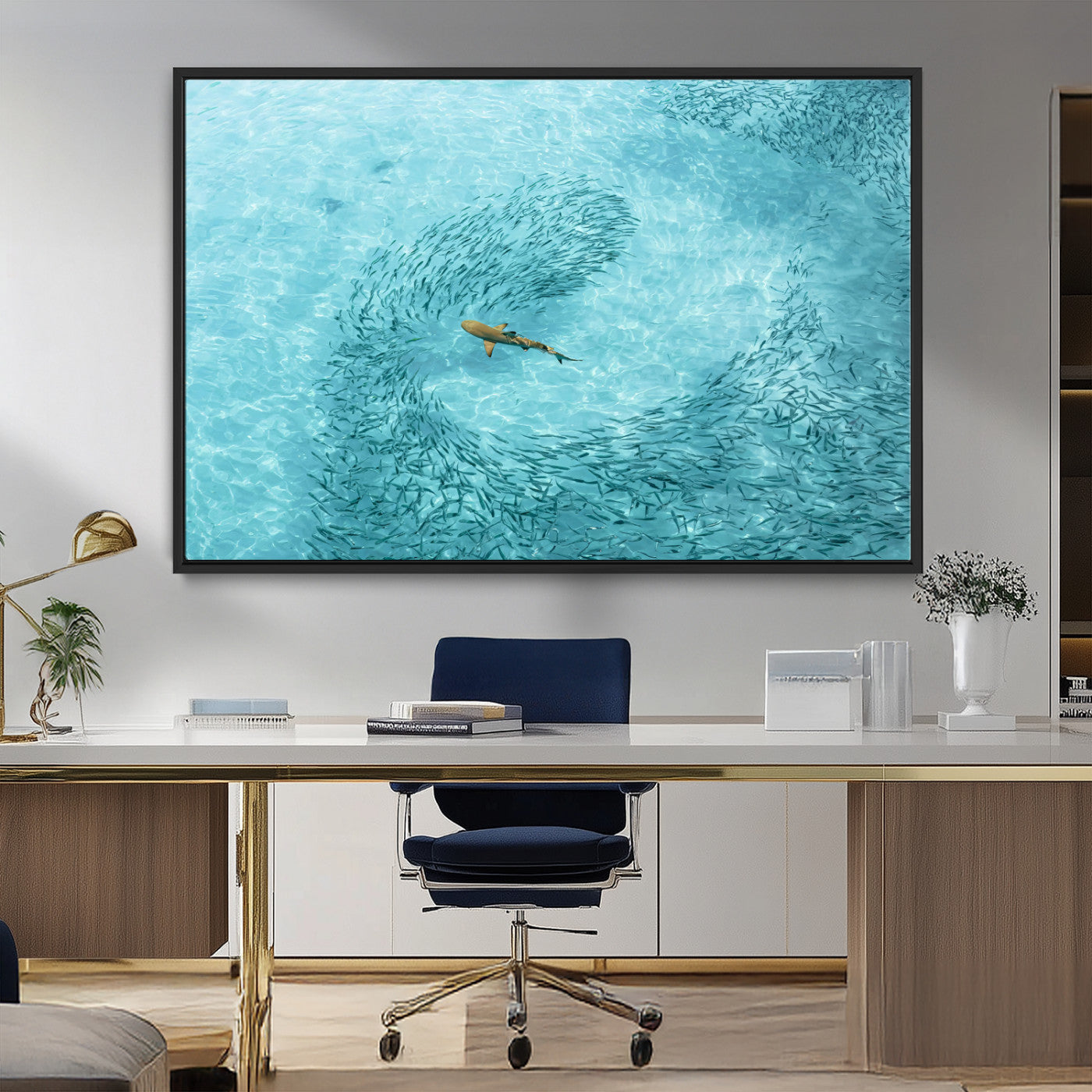 MGV-FC-36X24 - Fish Swarm Wall Art Canvas Print, Framed Marine Life Art Picture Print, Shark Aerial Perfect Wildlife Coastal Decor Artwork