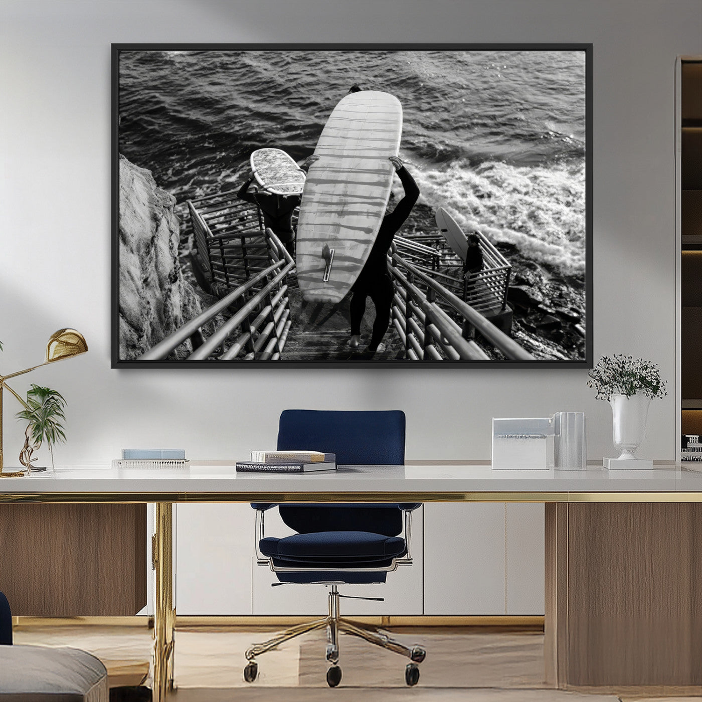 MGV-FC-36X24 - Black White Surfing Wall Art Canvas Print, Framed Coastal Surfing Art Picture Print, Wave Riders Perfect Coastal Adventure Decor Artwork