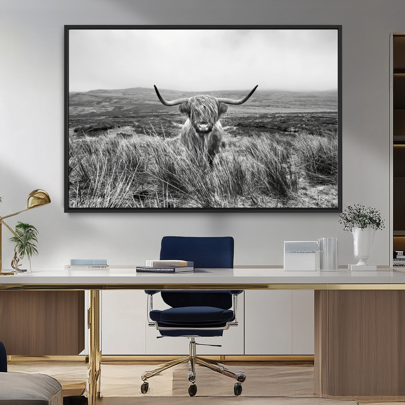 MGV-FC-36X24 - Monochrome Highland Cow Wall Art Canvas Print, Framed Scottish Bull Art Picture Print, Lone Cattle Perfect Rustic Farmhouse Decor Artwork