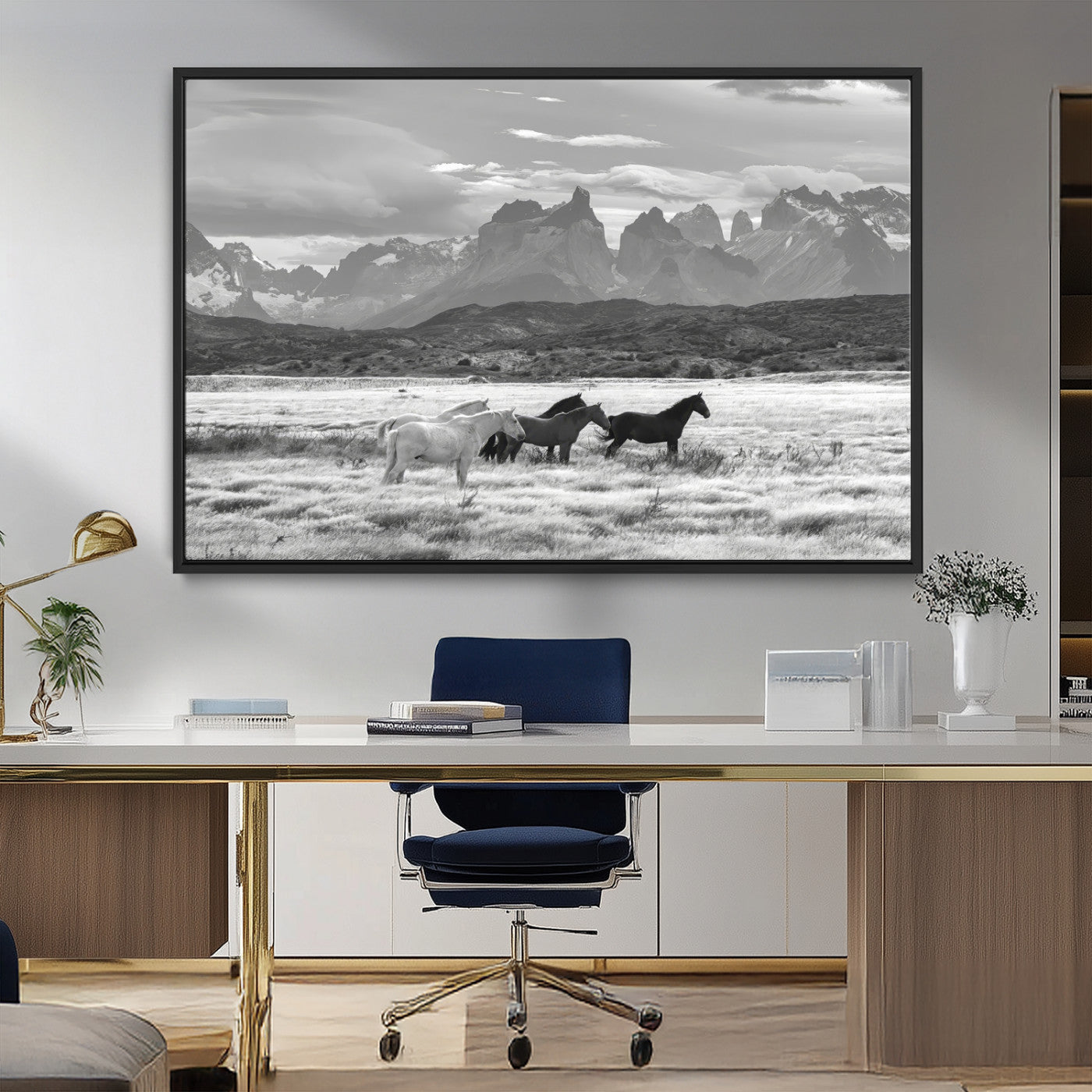MGV-FC-36X24 - Wild Horses Wall Art Canvas Print, Framed Black White Mountains Art Picture Print, Rustic Countryside Perfect Rustic Western Decor Artwork