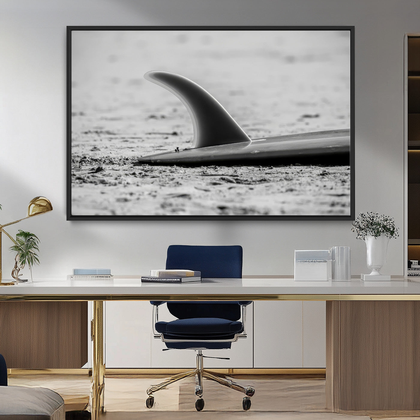 MGV-FC-36X24 - Black White Surfboard Wall Art Canvas Print, Framed Minimalist Beach Art Picture Print, Surf Fin Perfect Minimalist Coastal Decor Artwork