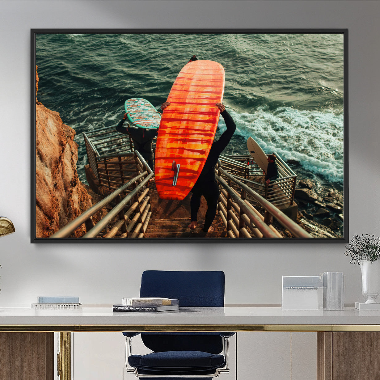 MGV-FC-36X24 - Surfer Stairway Wall Art Canvas Print, Framed Ocean Surf Art Picture Print, Sunset Coastal Perfect Coastal Adventure Decor Artwork