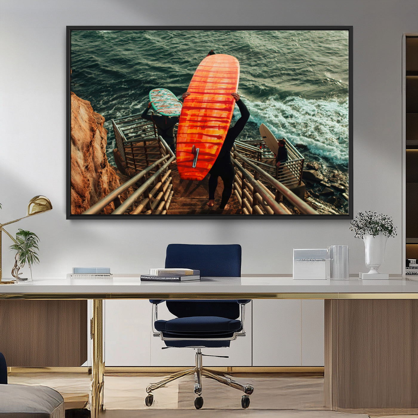MGV-FC-36X24 - Surfer Stairway Wall Art Canvas Print, Framed Ocean Surf Art Picture Print, Sunset Coastal Perfect Coastal Adventure Decor Artwork