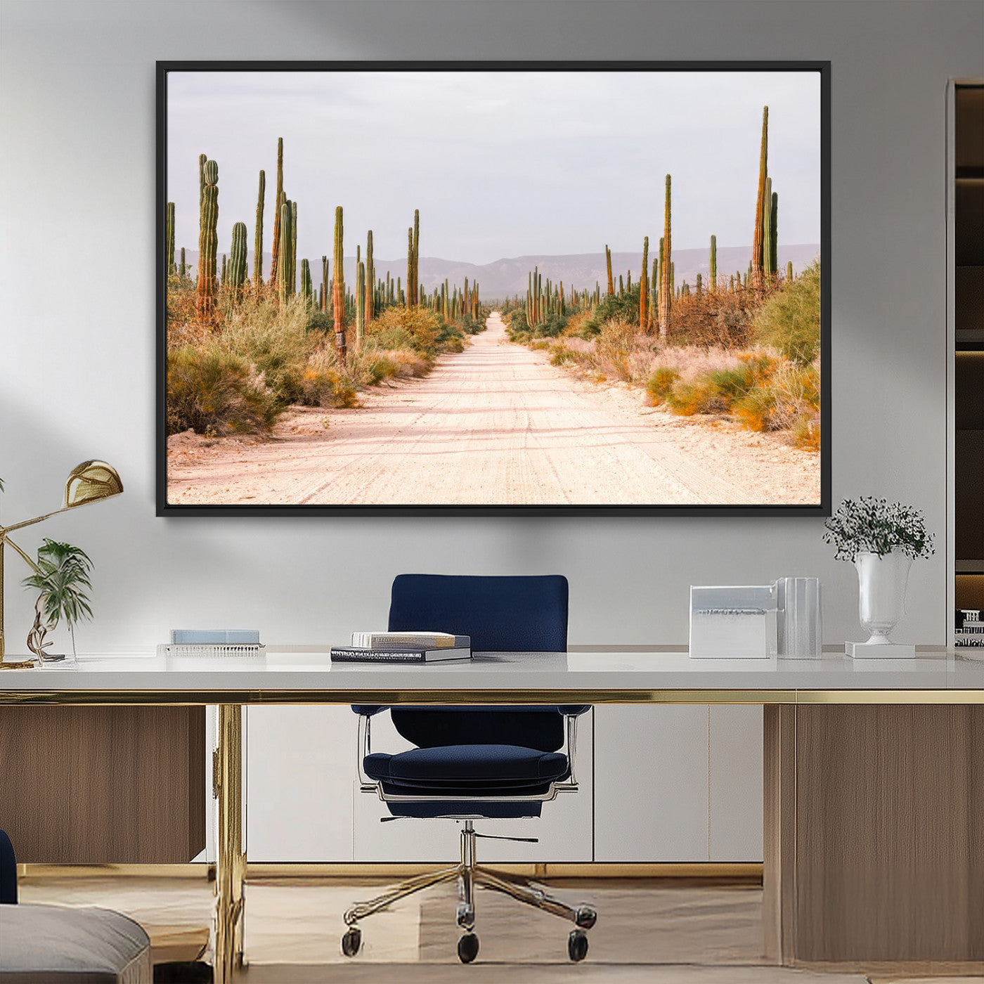 MGV-FC-36X24 - Desert Cactus Lined Road Wall Art Canvas Print, Framed Southwestern Landscape Art Picture Print, Bohemian Western Aesthetic Perfect Southwestern Boho Decor Artwork