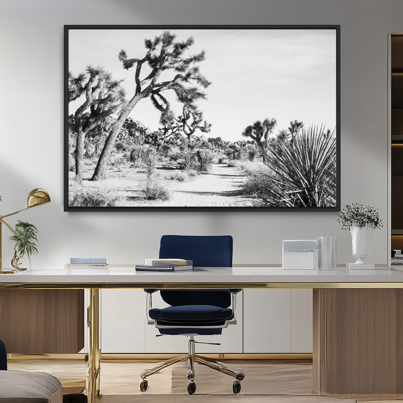 MGV-FC-36X24 - Joshua Tree Wall Art Canvas Print, Framed Desert Path Art Picture Print, Monochrome Desert Perfect Minimalist Desert Decor Artwork