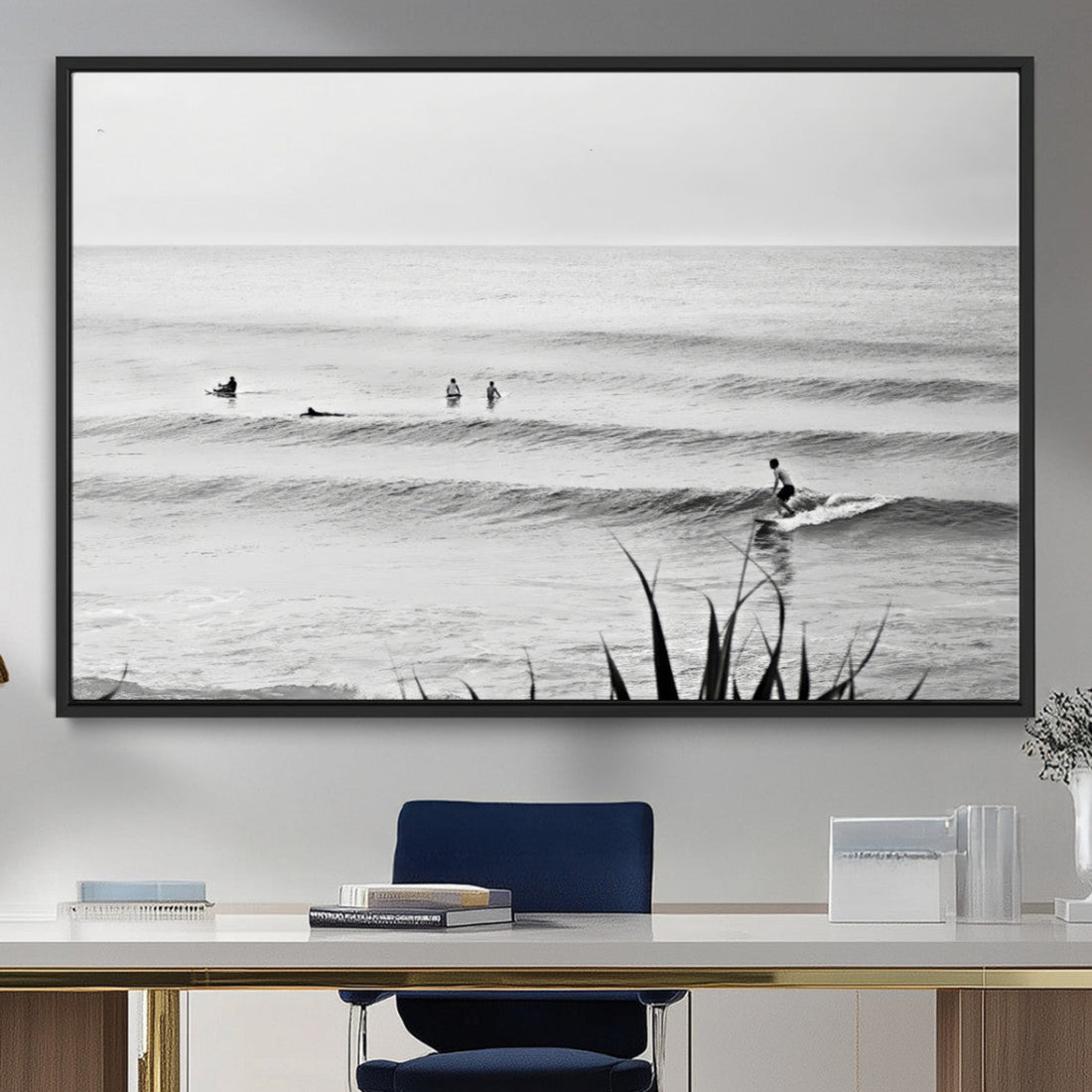 Surfer Silhouette Wall Art Canvas Print, Framed Calm Ocean Monochrome Surf