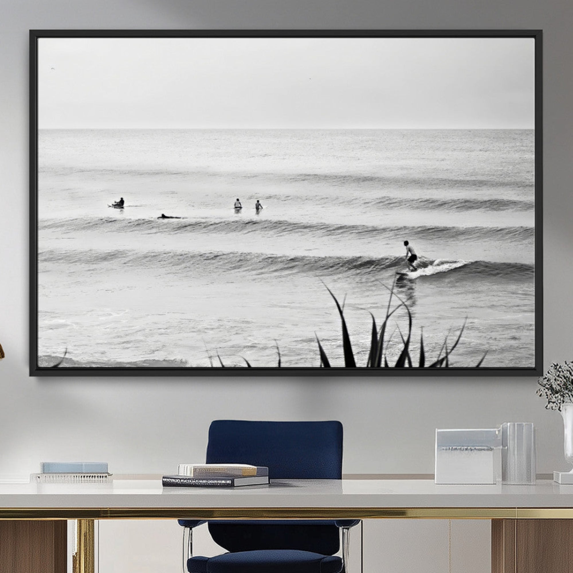 33821421-MGV-FC-36X24_Black-Surfer Silhouette Wall Art Canvas Print – Framed Calm Ocean Scene with Monochrome Surf Artwork for Home, Office