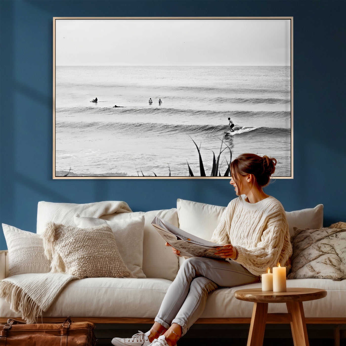 33821421-MGV-CV-36X24 - Surfer Silhouette Wall Art Canvas Print, Framed Calm Ocean Art Picture Print, Monochrome Surf Minimalist Coastal Decor Artwor
