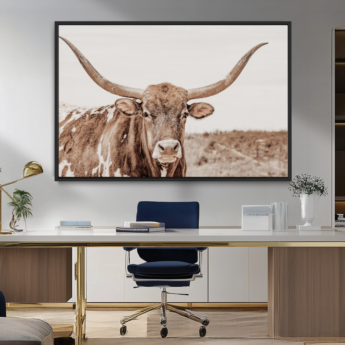 MGV-FC-36X24 - Longhorn Cow Wall Art Canvas Print, Framed Texas Ranch Art Picture Print, Western Bull Perfect County Decor Artwork